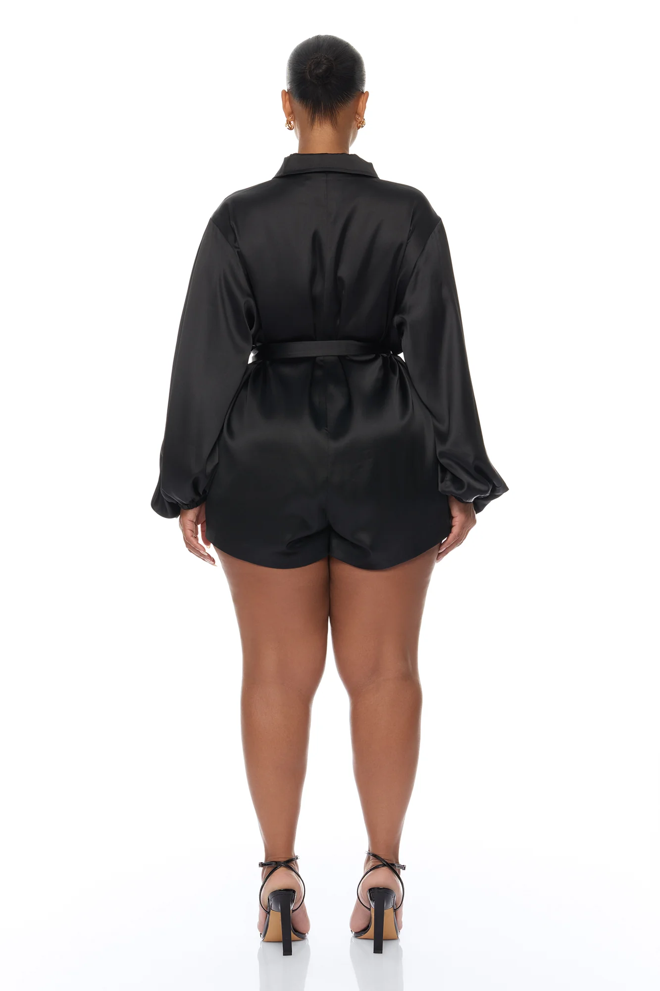 Izabel Balloon Sleeve Satin Romper - Black - Image 8