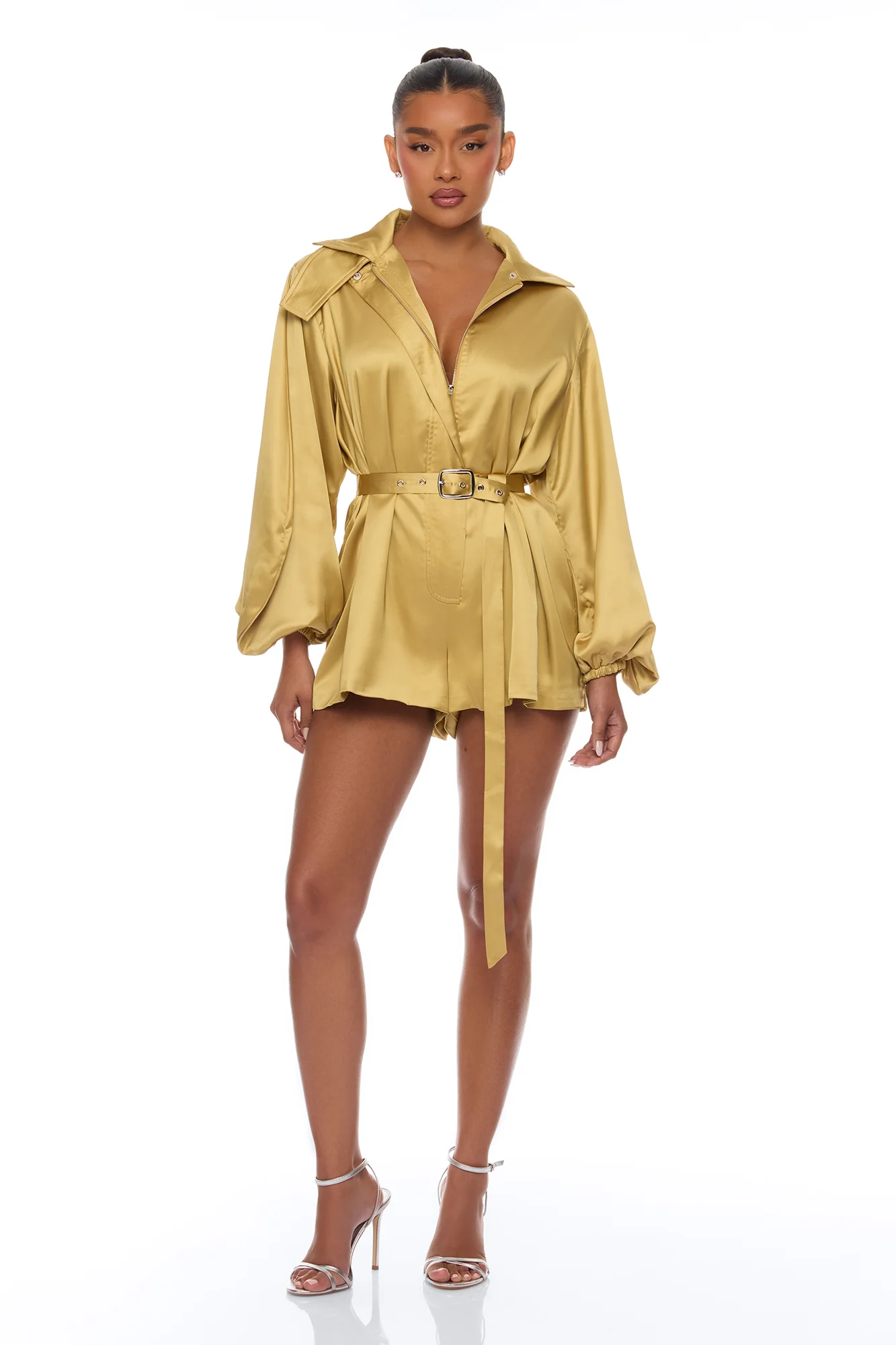 Izabel Balloon Sleeve Satin Romper - Gold - Image 2
