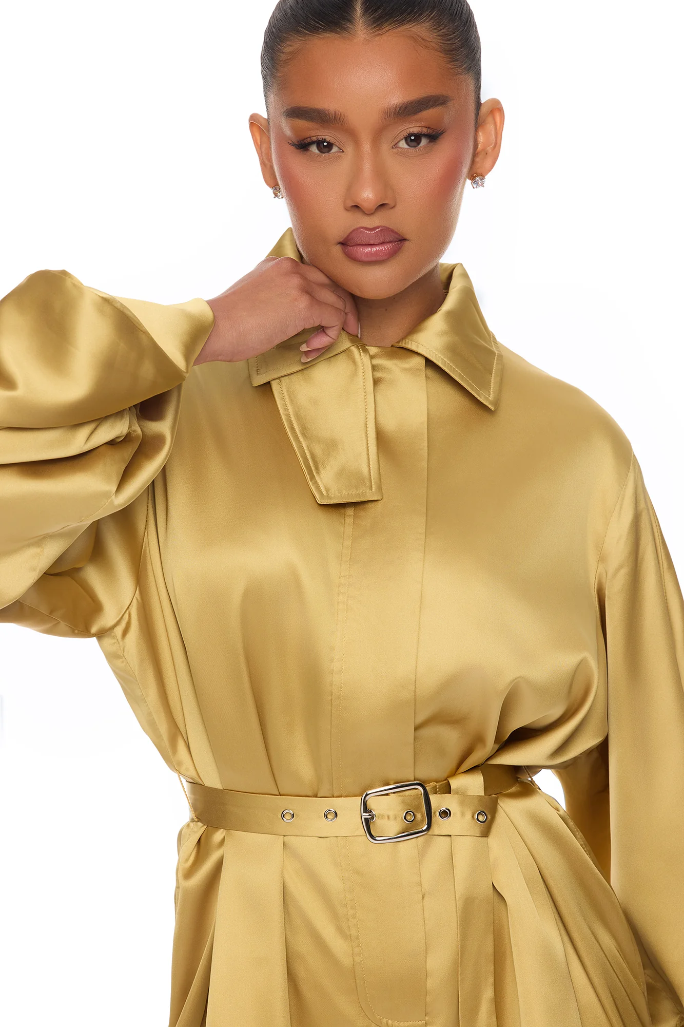 Izabel Balloon Sleeve Satin Romper - Gold - Image 3