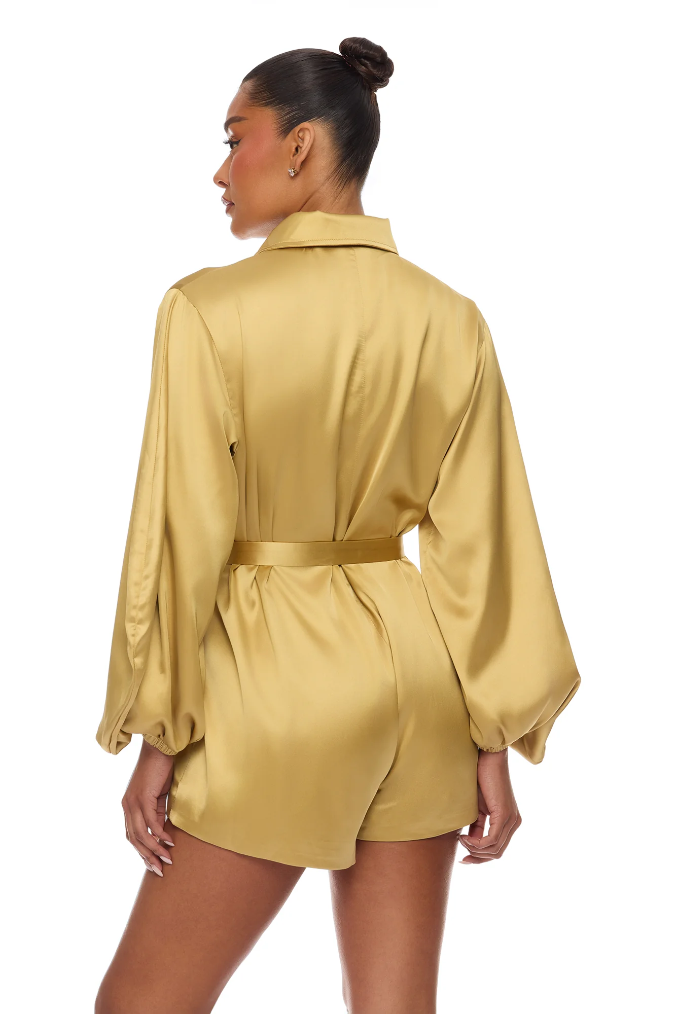 Izabel Balloon Sleeve Satin Romper - Gold - Image 4