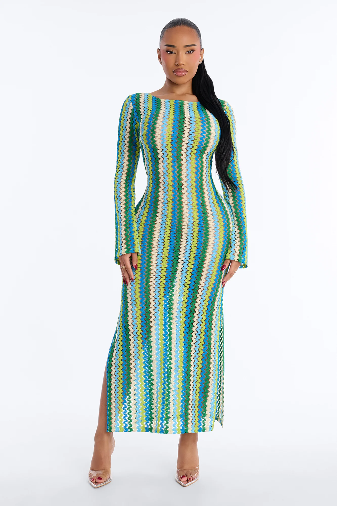 Izzy Pinstripe Flare Sleeves Maxi Swim Cover Up Dress - Green/combo