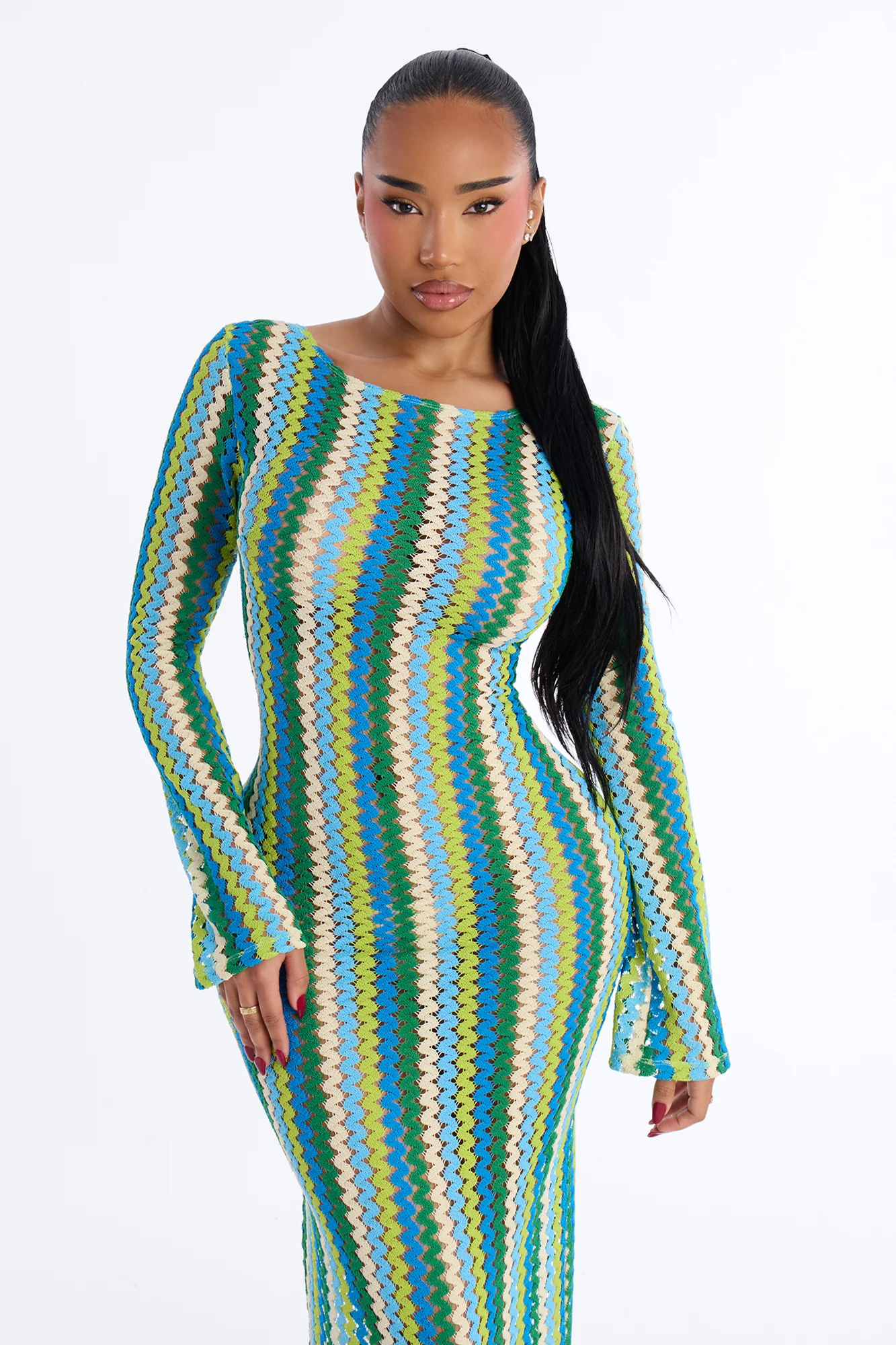 Izzy Pinstripe Flare Sleeves Maxi Swim Cover Up Dress - Green/combo - Image 2