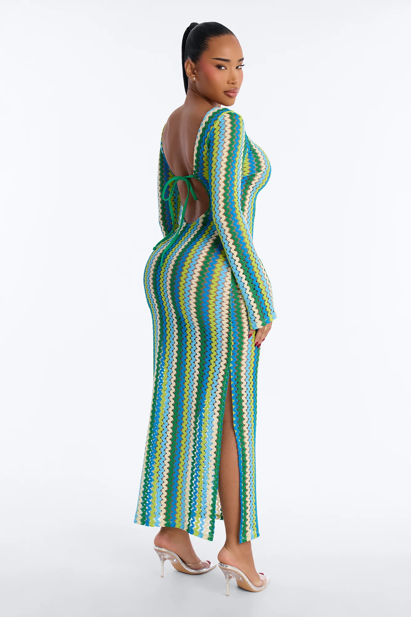 Izzy Pinstripe Flare Sleeves Maxi Swim Cover Up Dress - Green/combo - Image 3