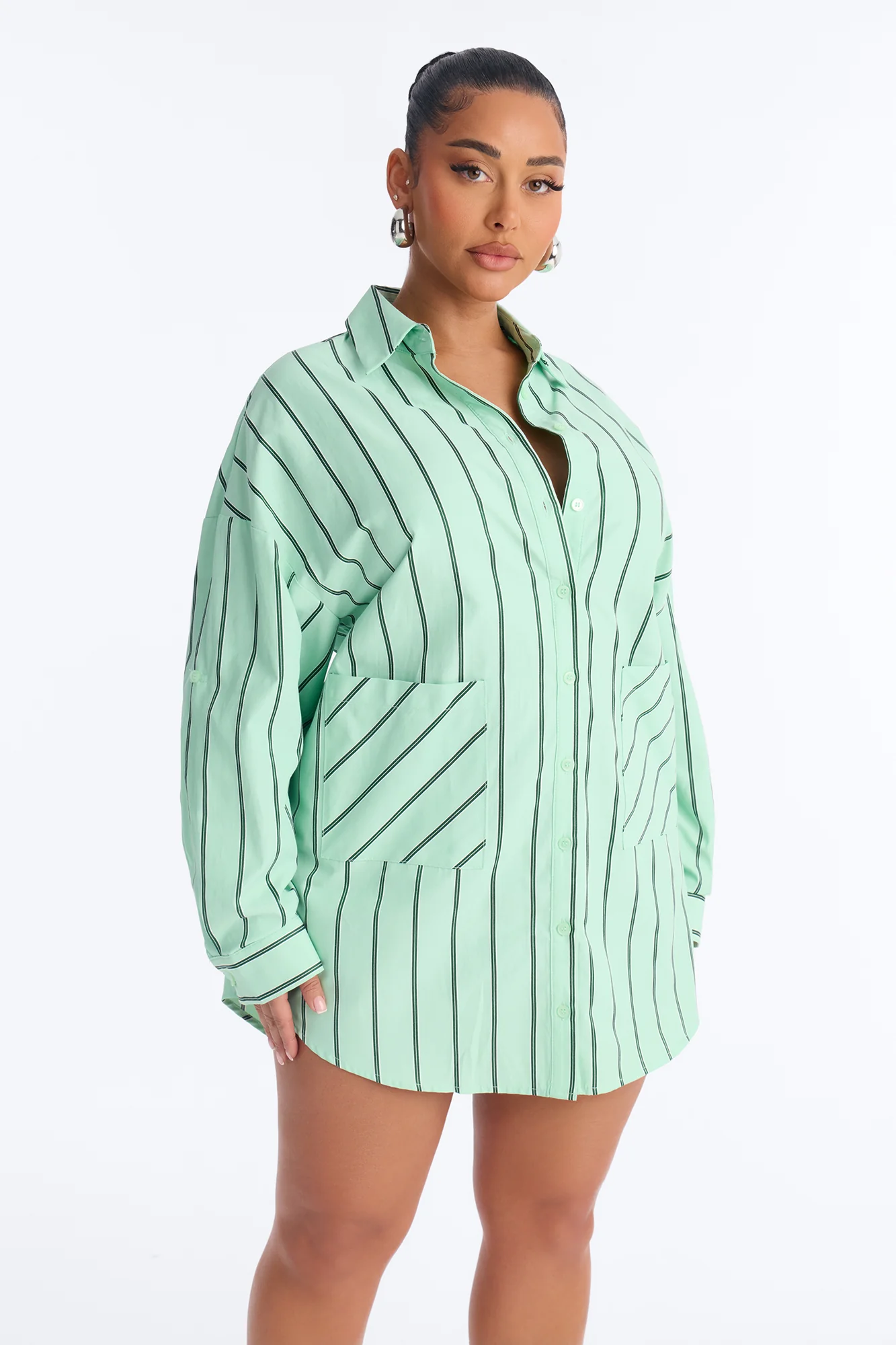 Izzy Pinstripe Shirt Micro Mini Dress - Green - Image 2