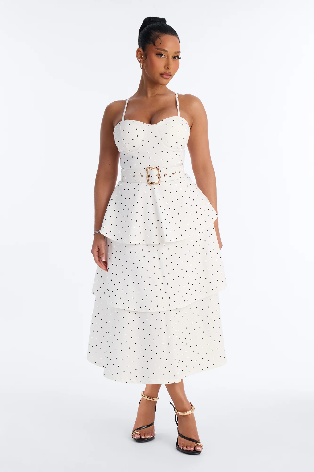 Jackie Ruffle Polka Dot Midi Dress - White/Black