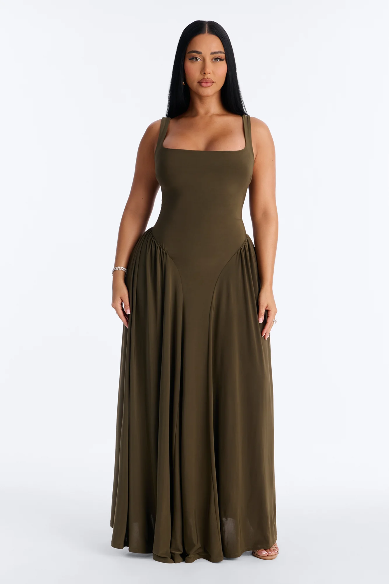 Jaclyn Drop Waist Pleated Maxi Dress - Olive