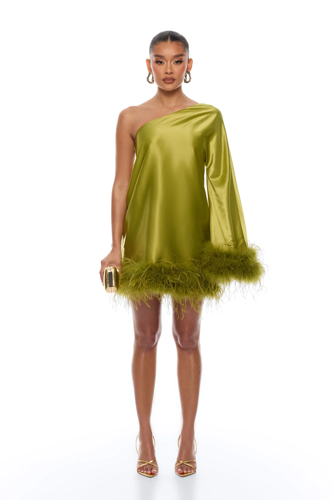 Jacqueline Feathered One Shoulder Satin Mini Dress - Chartreuse