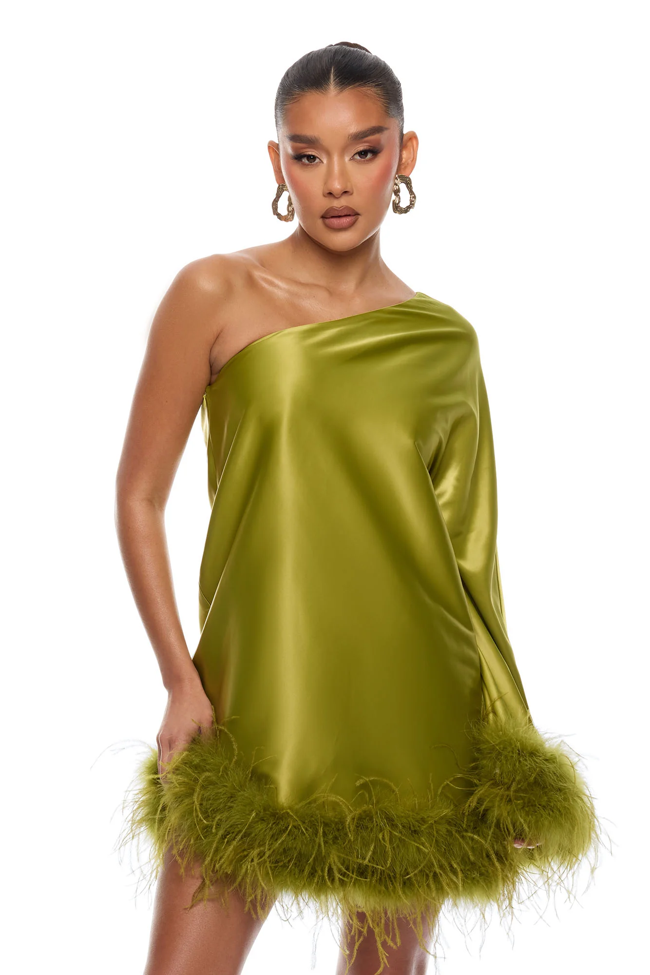 Jacqueline Feathered One Shoulder Satin Mini Dress - Chartreuse - Image 2