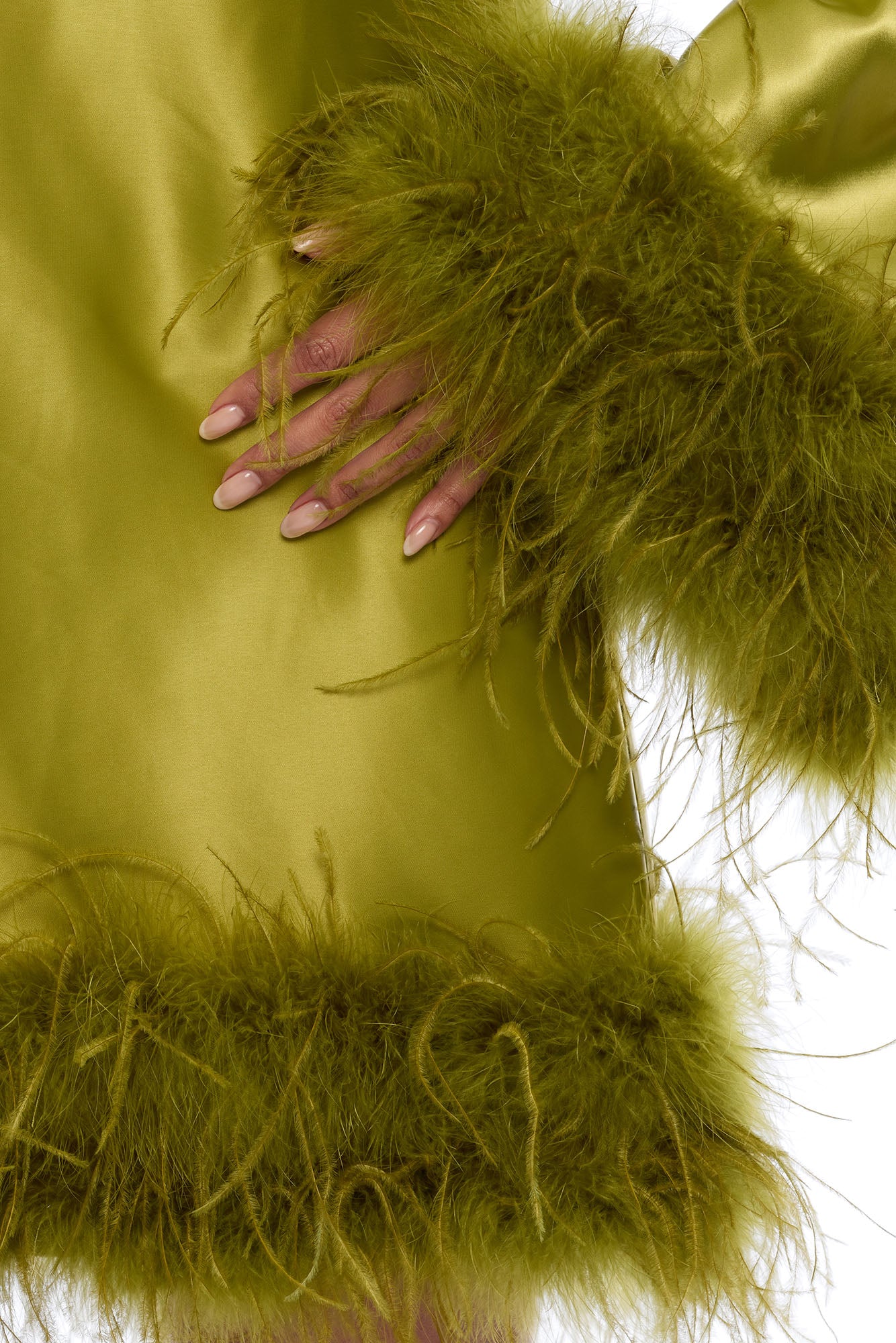Jacqueline Feathered One Shoulder Satin Mini Dress - Chartreuse - Image 3