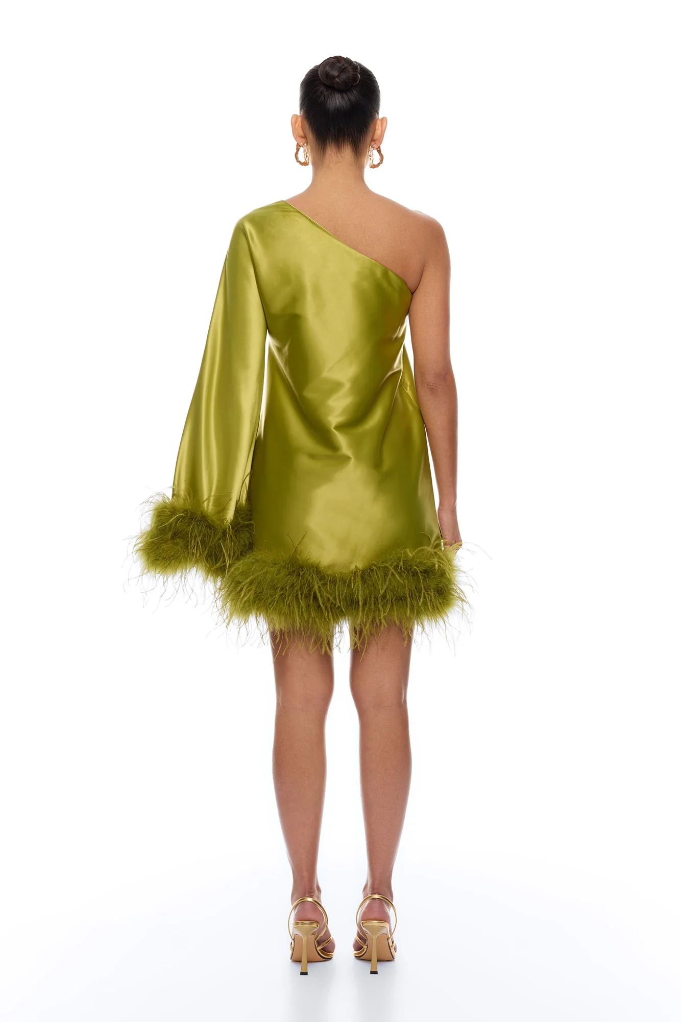 Jacqueline Feathered One Shoulder Satin Mini Dress - Chartreuse - Image 4