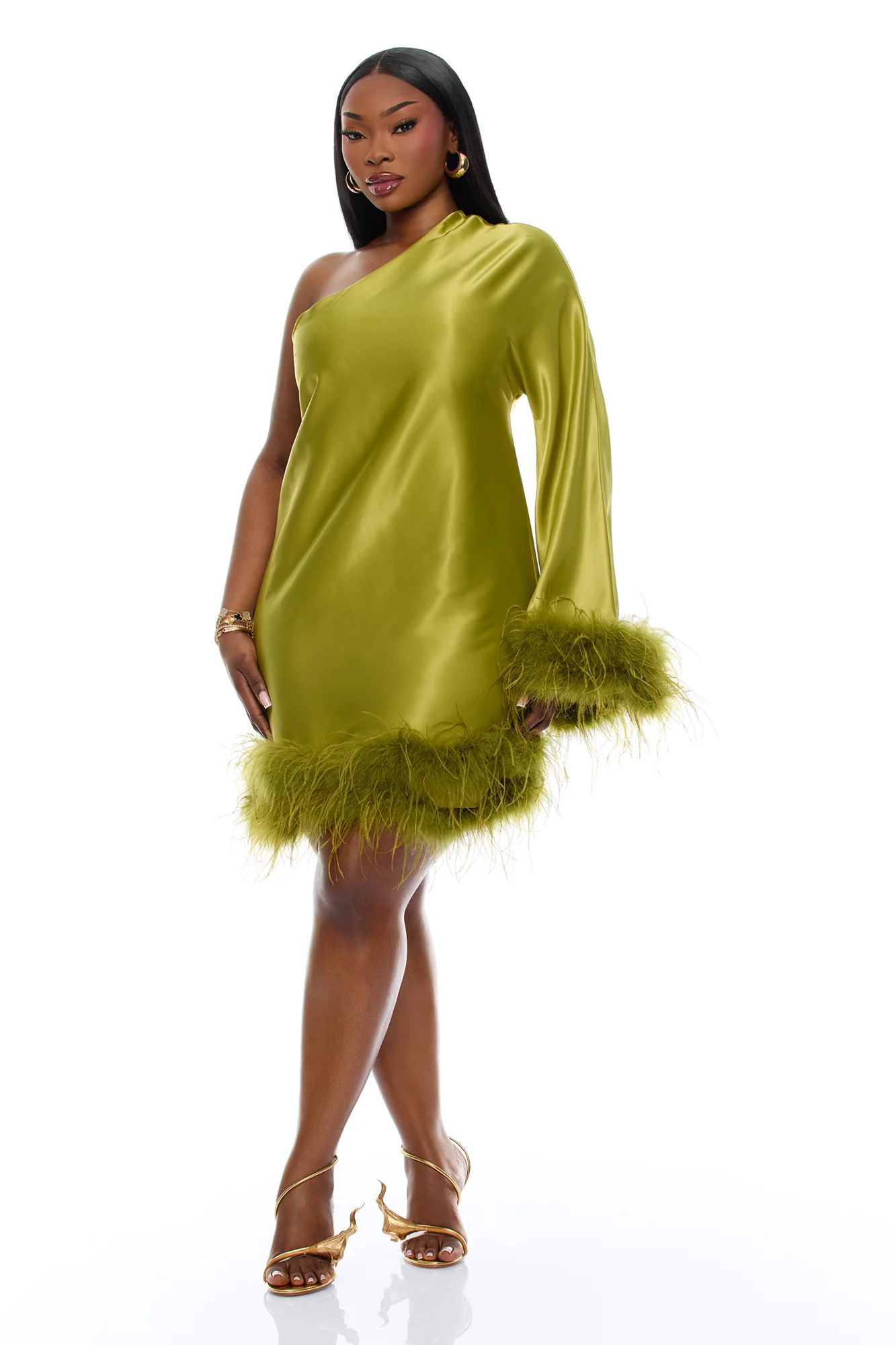 Jacqueline Feathered One Shoulder Satin Mini Dress - Chartreuse - Image 5