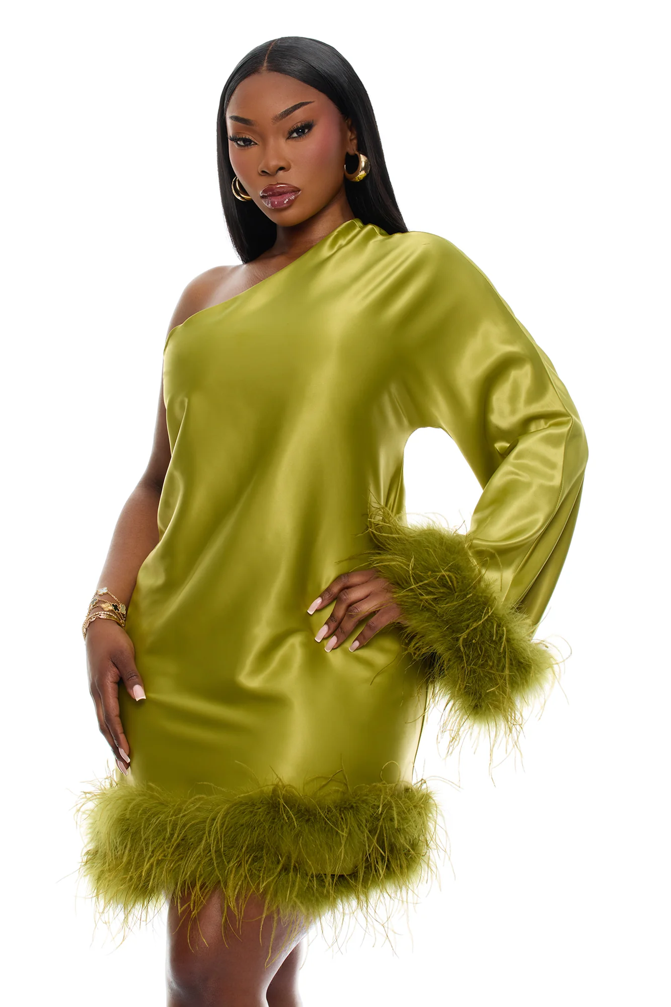 Jacqueline Feathered One Shoulder Satin Mini Dress - Chartreuse - Image 6