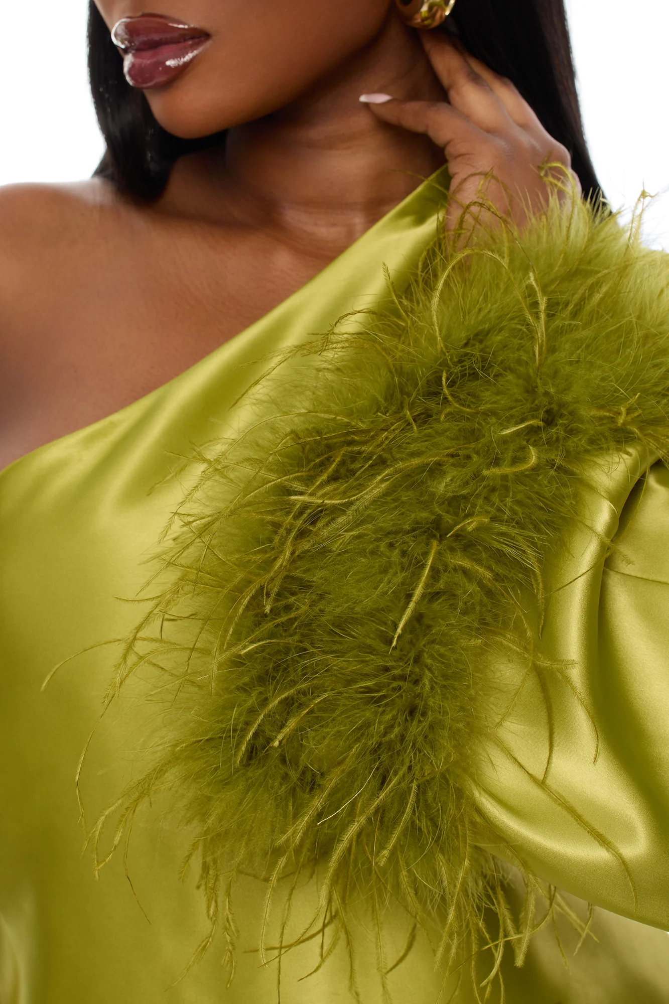 Jacqueline Feathered One Shoulder Satin Mini Dress - Chartreuse - Image 7