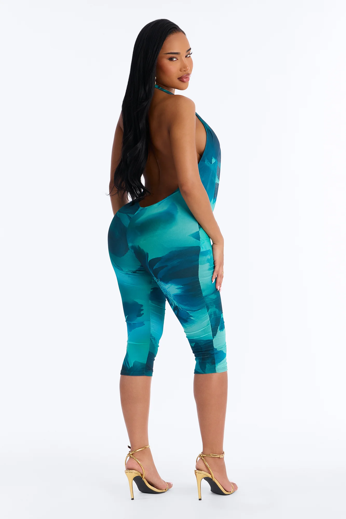 Jade Mesh Backless Capri Jumpsuit - Green/combo - Image 3