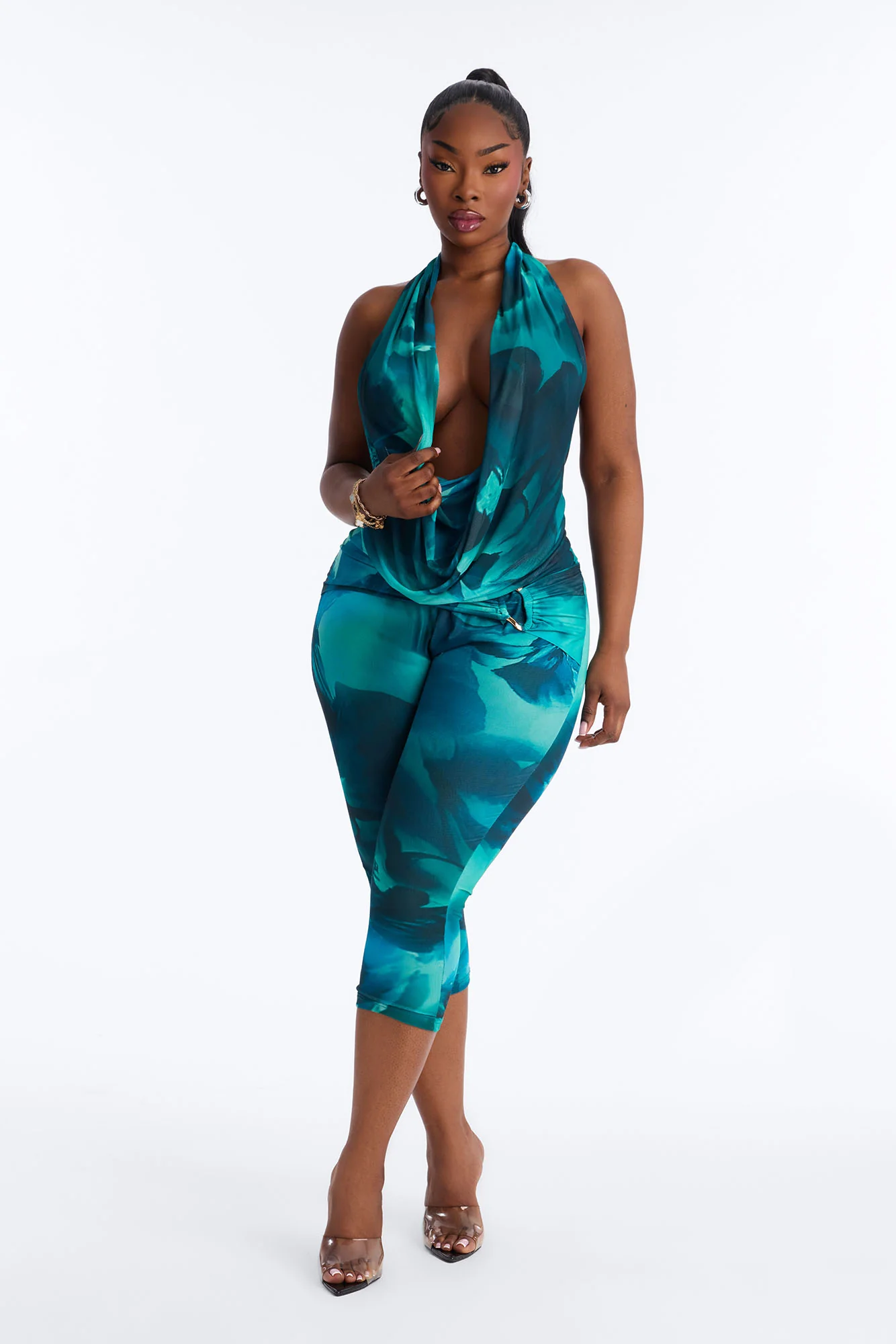 Jade Mesh Backless Capri Jumpsuit - Green/combo - Image 4