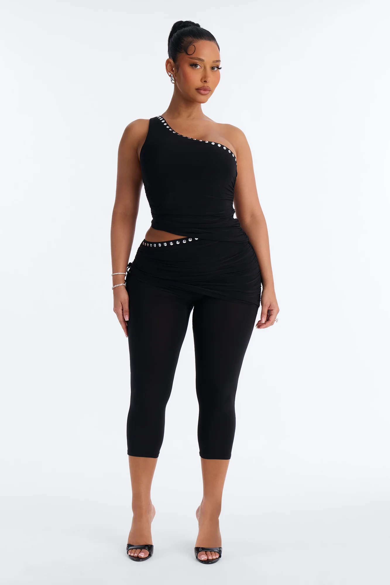 Jade One Shoulder Studded Capri Set - Black
