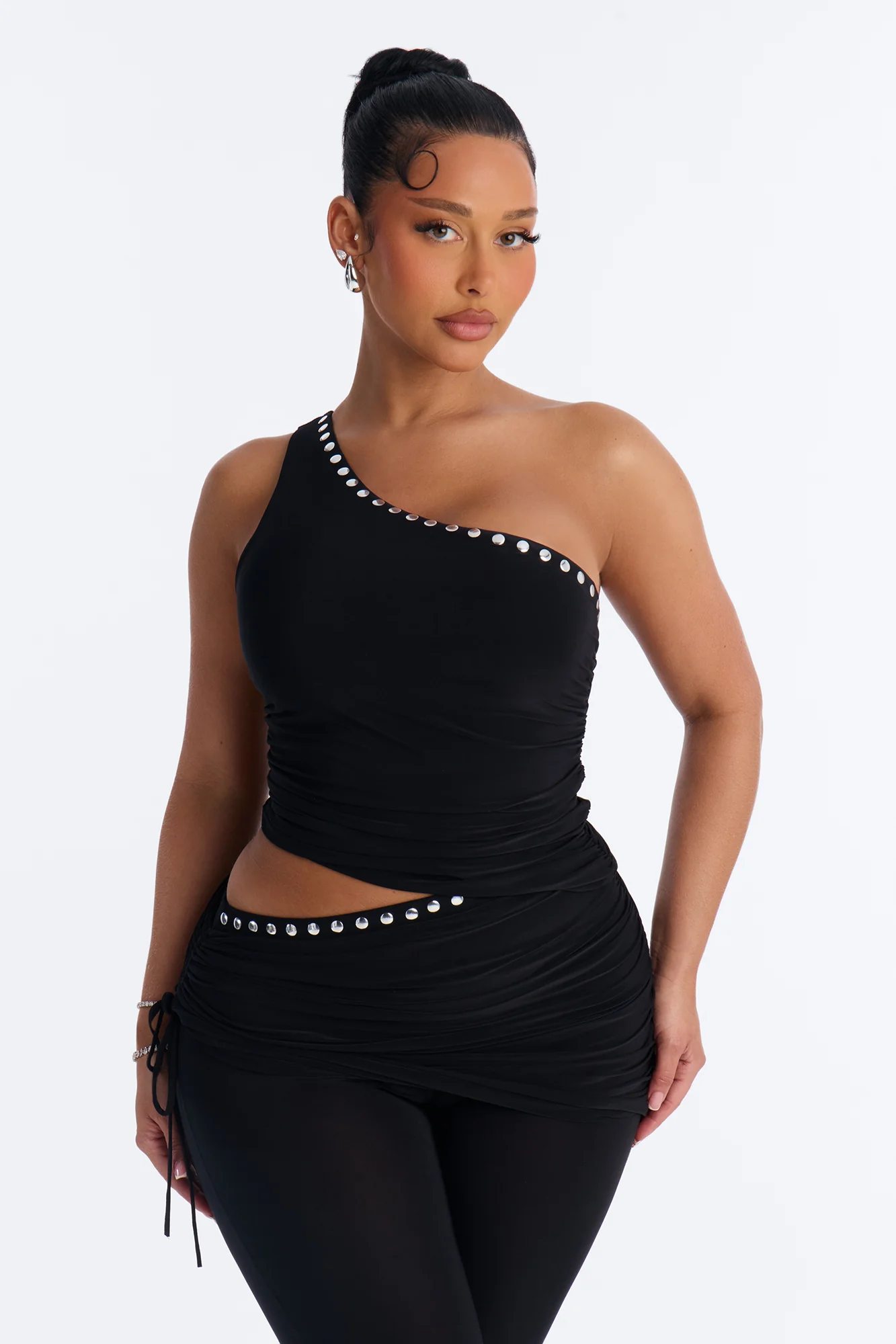 Jade One Shoulder Studded Capri Set - Black - Image 2