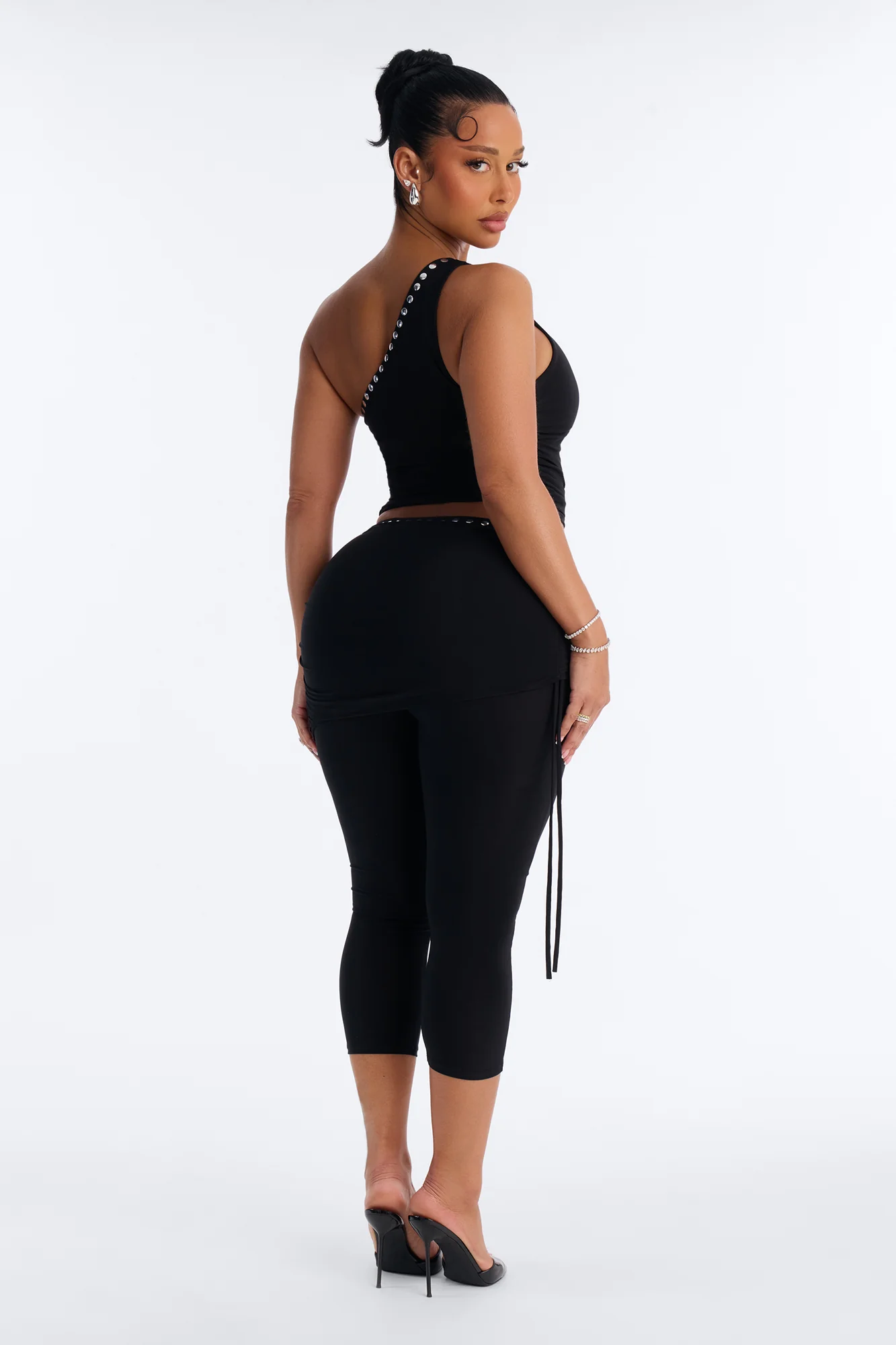 Jade One Shoulder Studded Capri Set - Black - Image 4