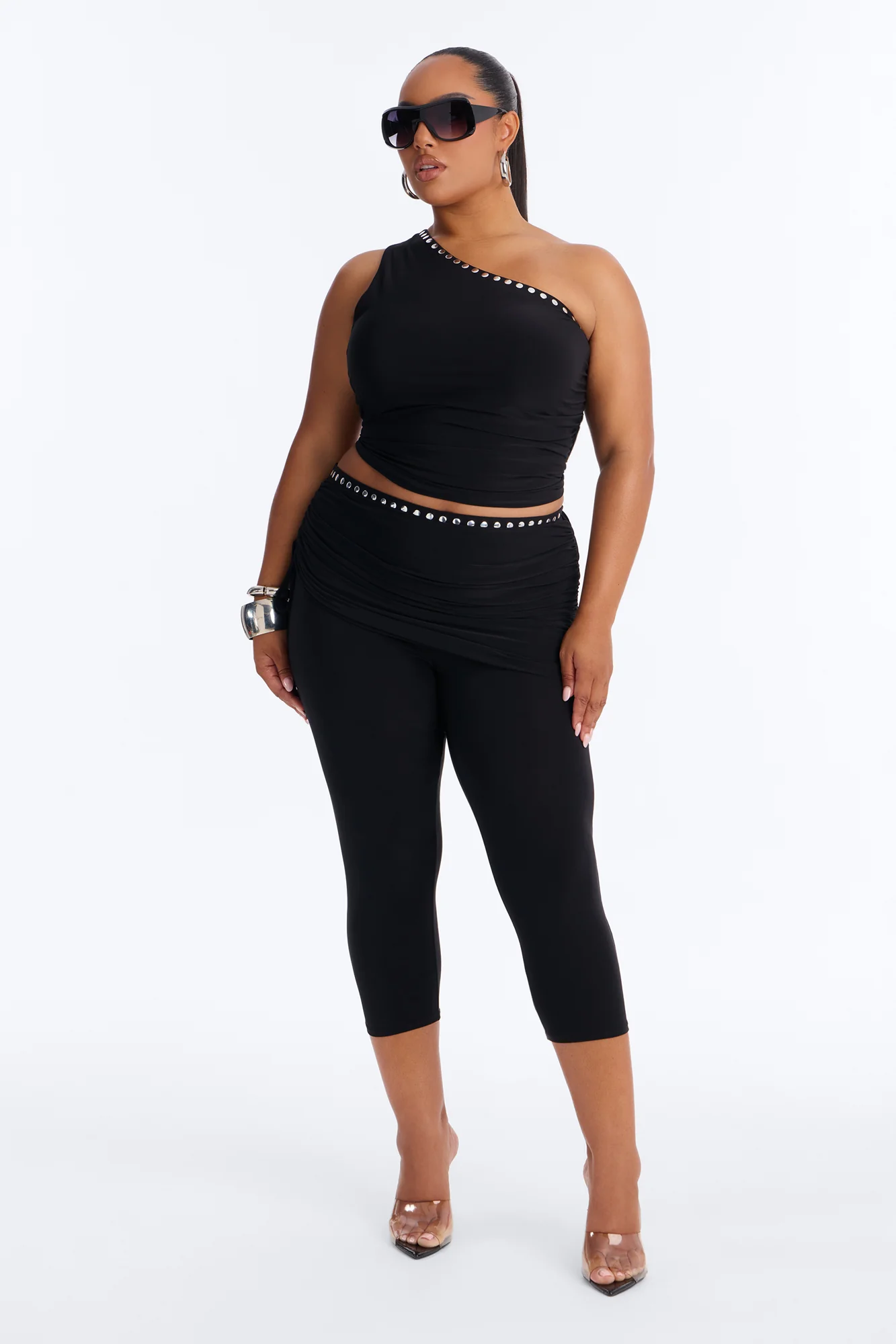 Jade One Shoulder Studded Capri Set - Black - Image 5