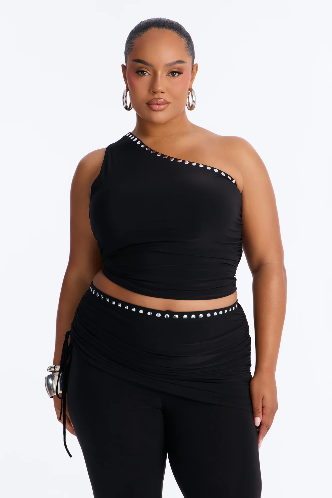 Jade One Shoulder Studded Capri Set - Black - Image 6