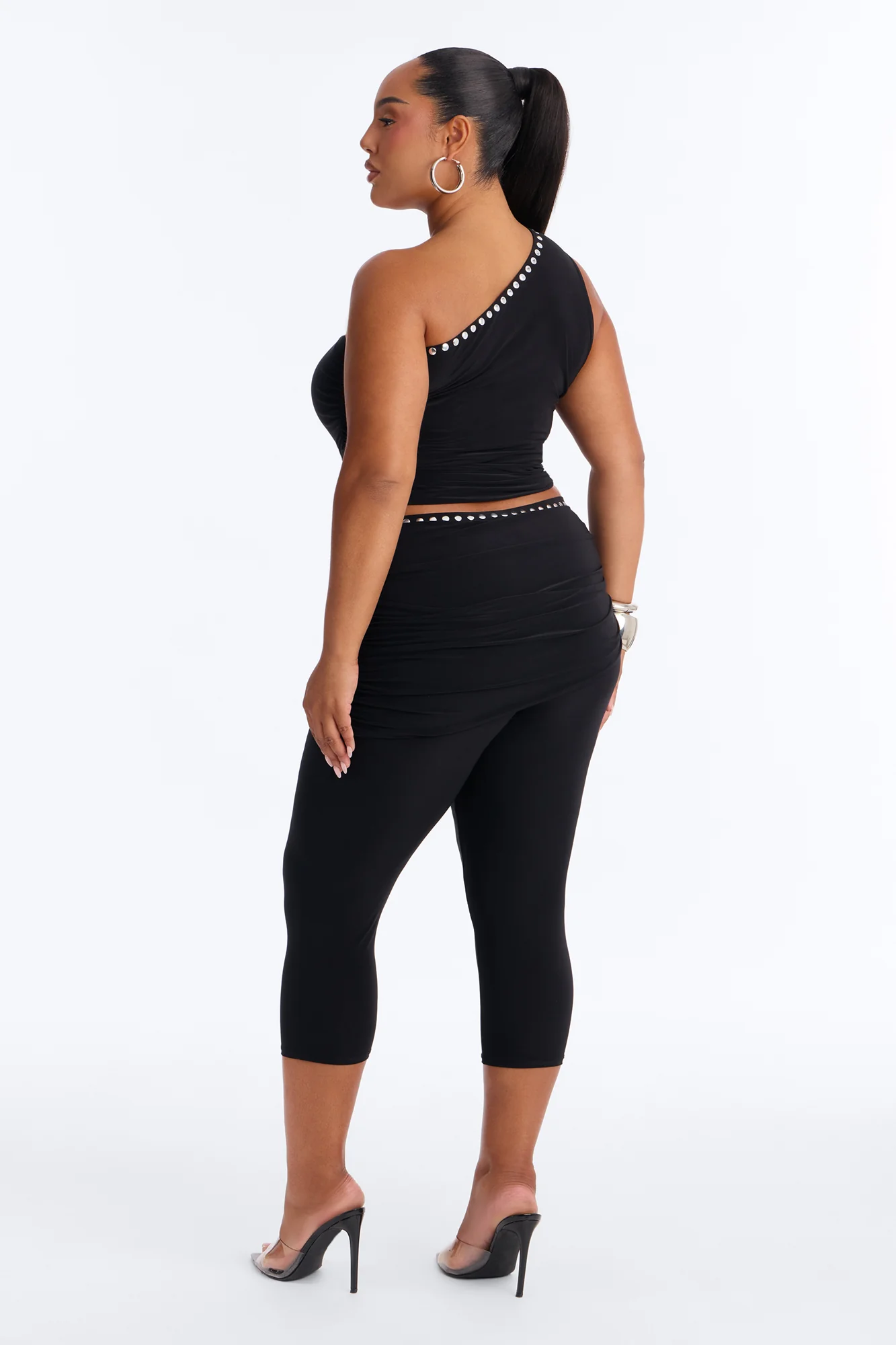 Jade One Shoulder Studded Capri Set - Black - Image 8