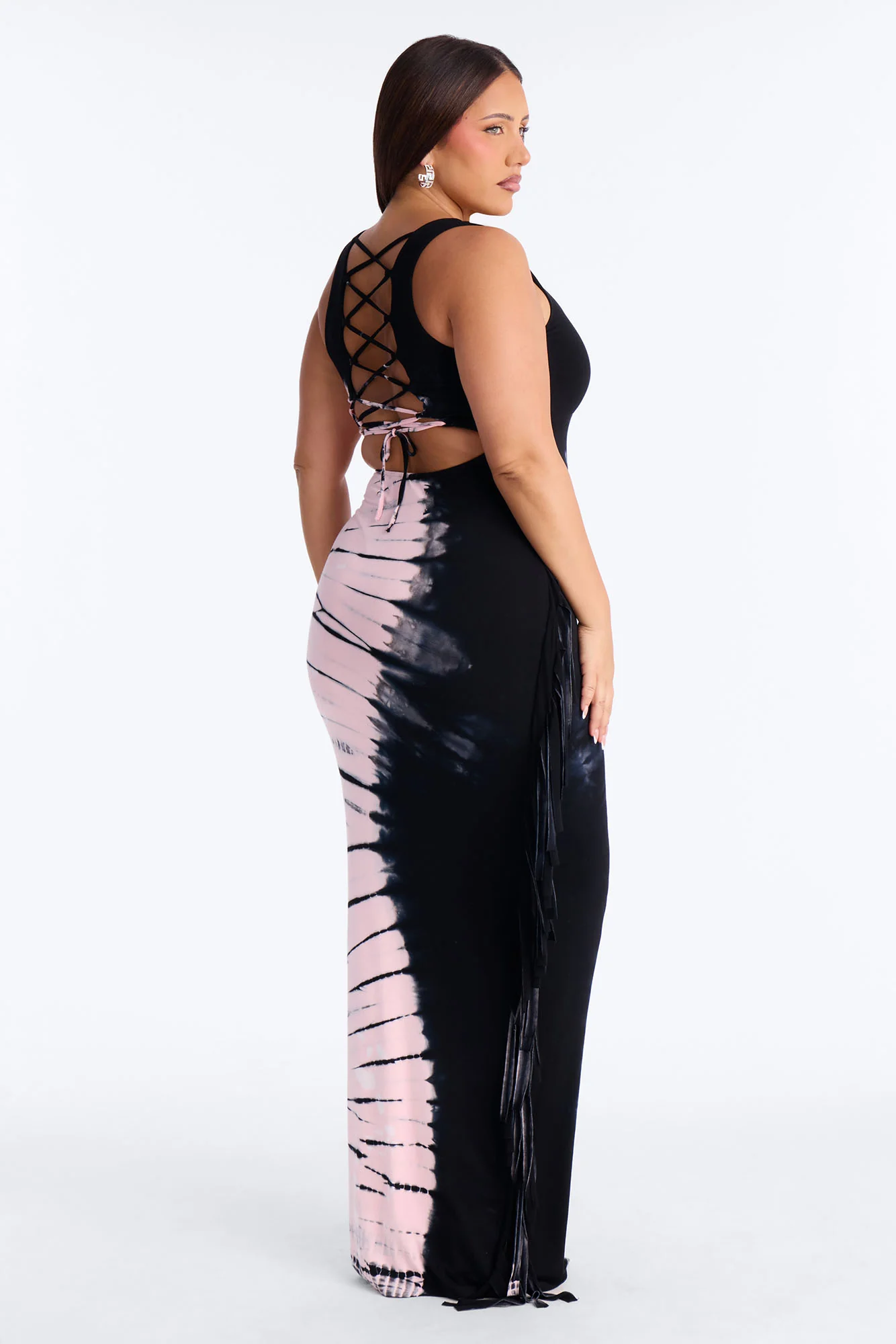 Jadyn Tie Dye Fringe Maxi Dress - Black/Pink - Image 8