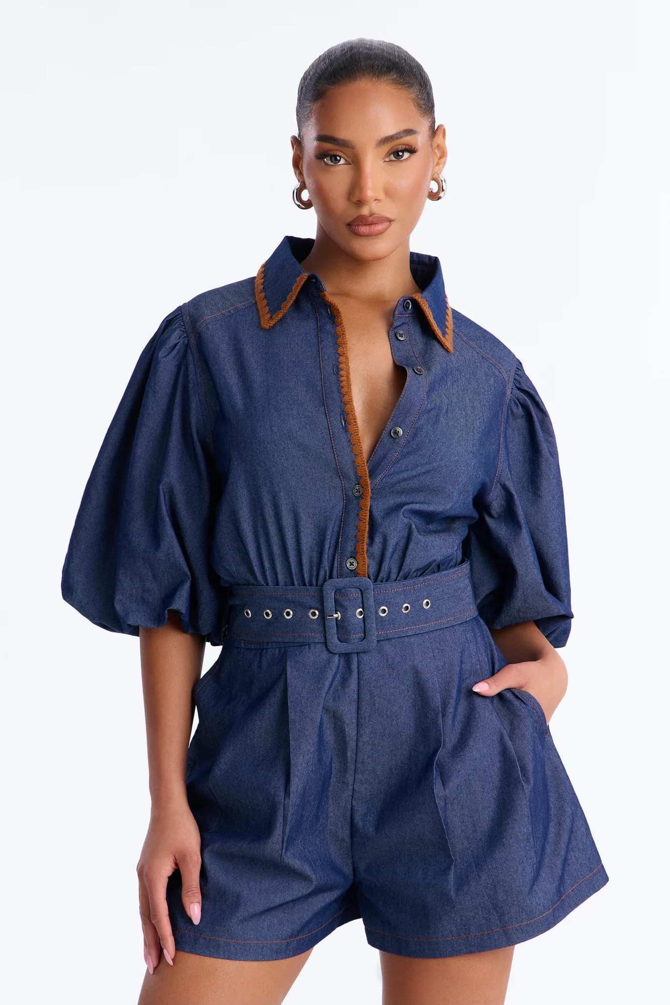 Jaika Denim Embroidered Romper - Dark Wash - Image 2