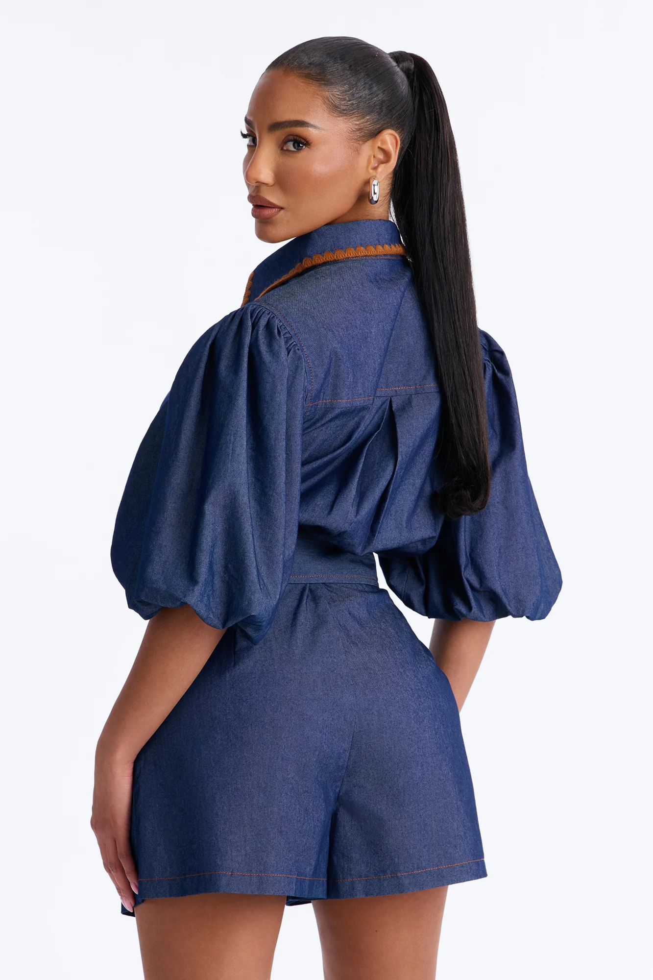 Jaika Denim Embroidered Romper - Dark Wash - Image 4