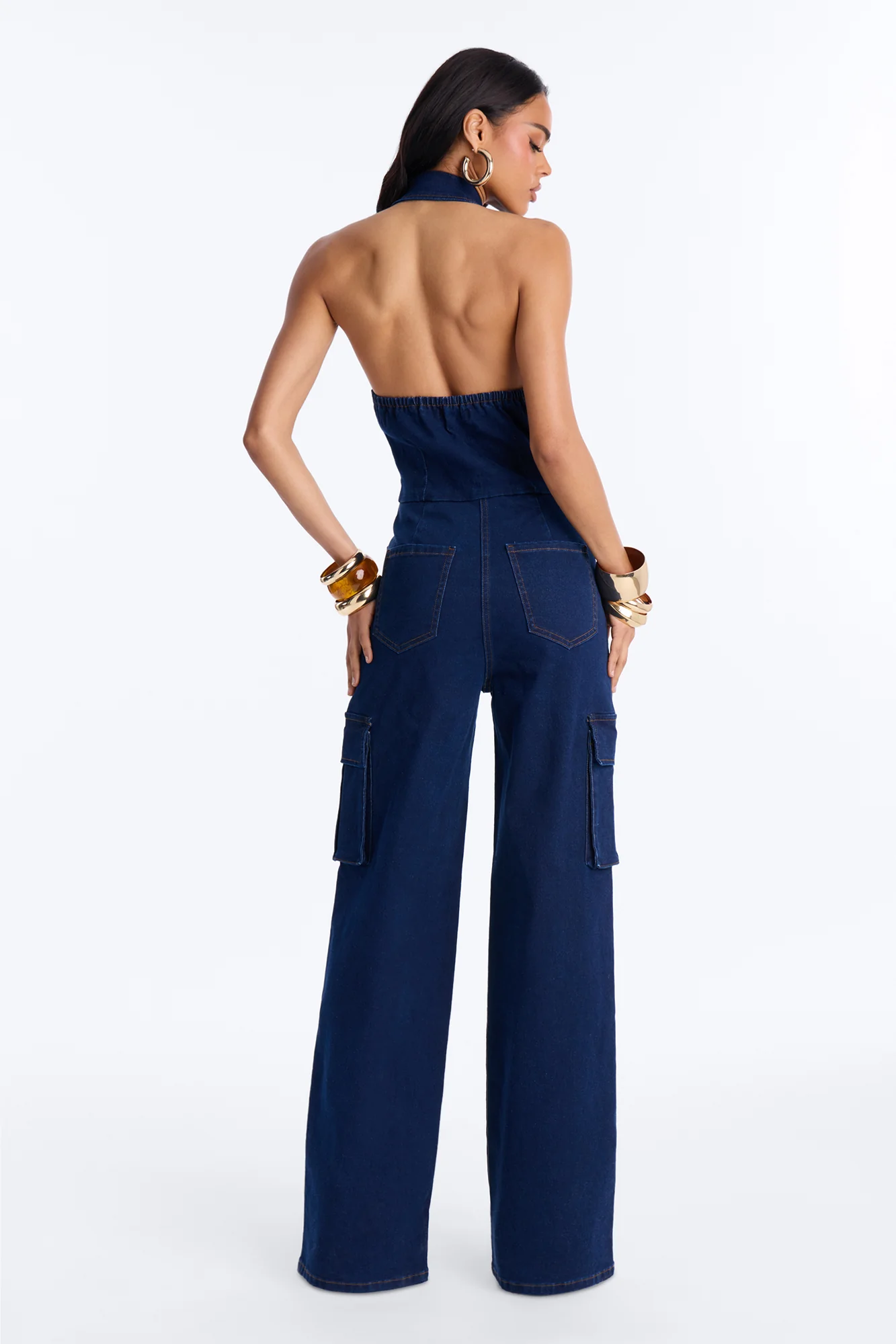 Jaime Denim Cargo Wide Leg Jumpsuit - Dark Wash - Image 4