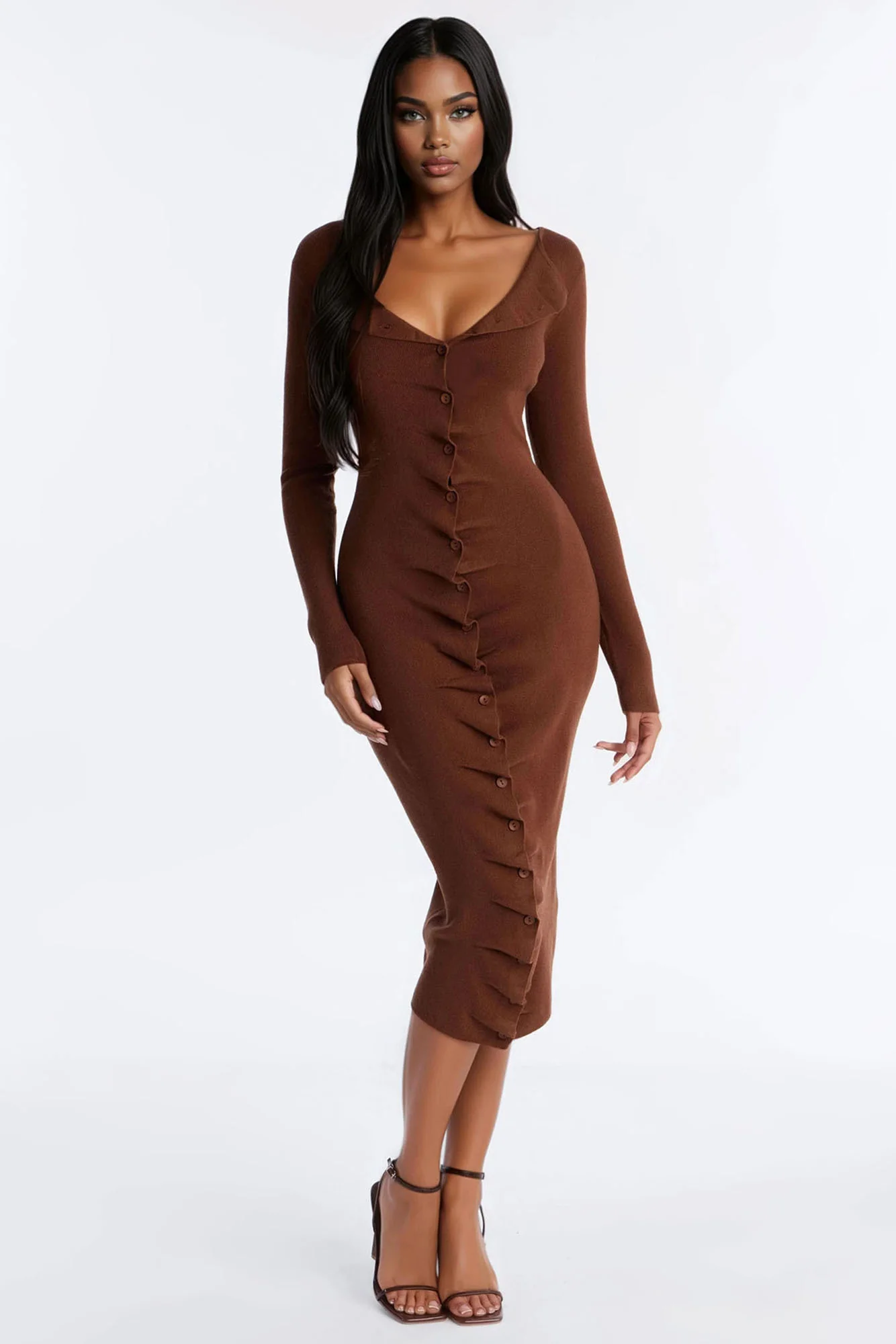 Jaime Sweater Button Up Midi Dress - Brown