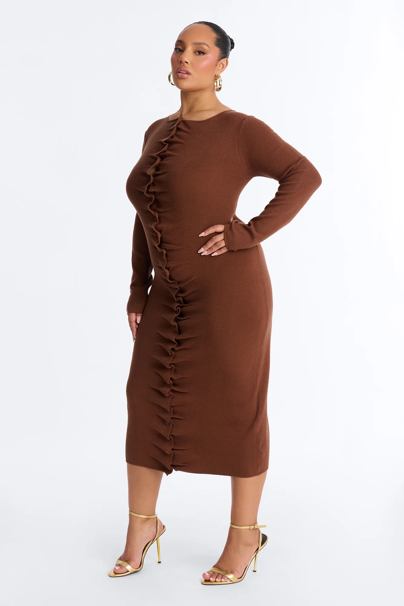 Jaime Sweater Button Up Midi Dress - Brown - Image 4
