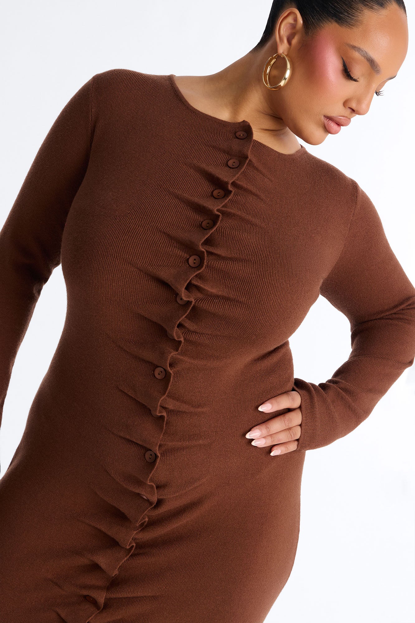 Jaime Sweater Button Up Midi Dress - Brown - Image 5