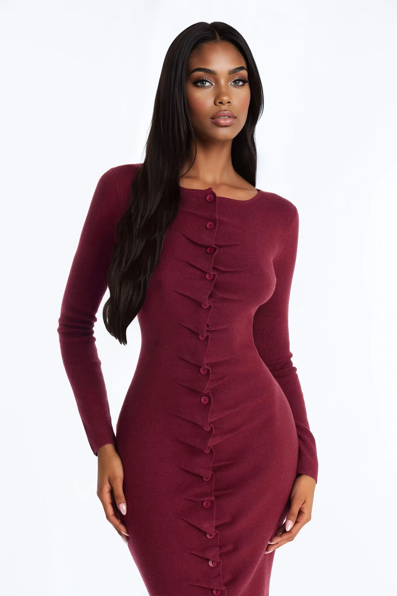 Jaime Sweater Button Up Midi Dress - Burgundy - Image 2