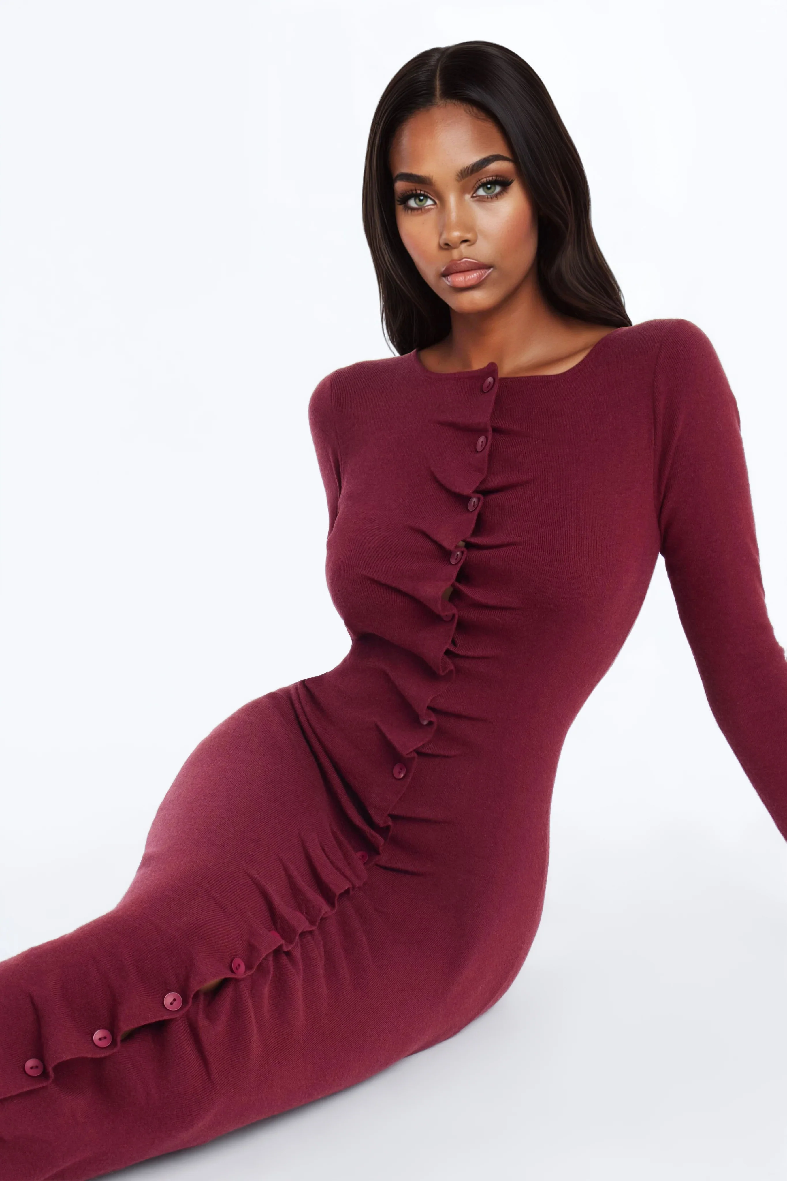 Jaime Sweater Button Up Midi Dress - Burgundy - Image 3