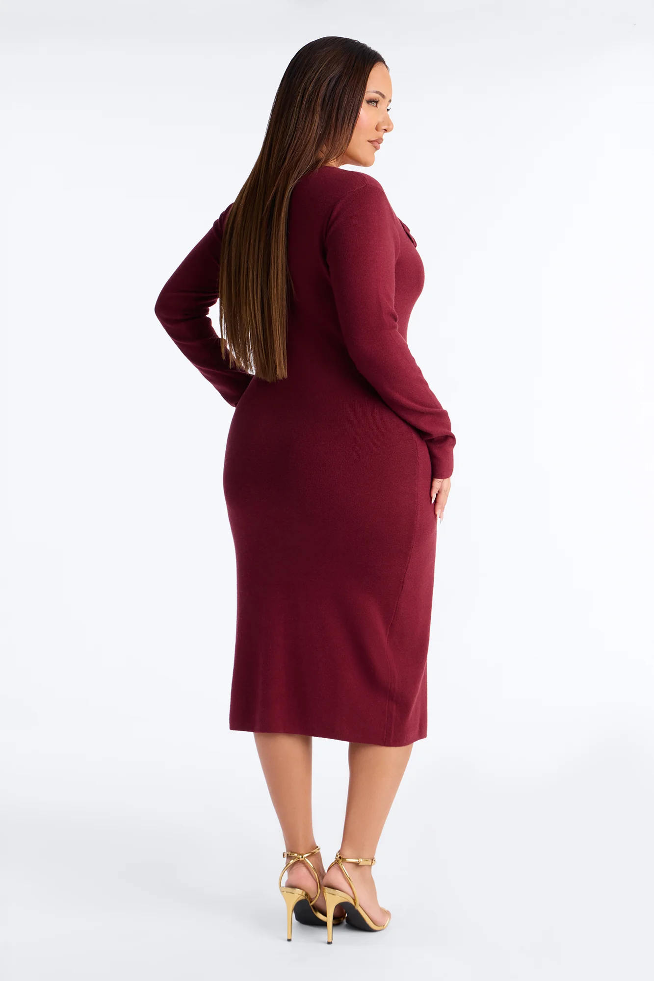 Jaime Sweater Button Up Midi Dress - Burgundy - Image 8