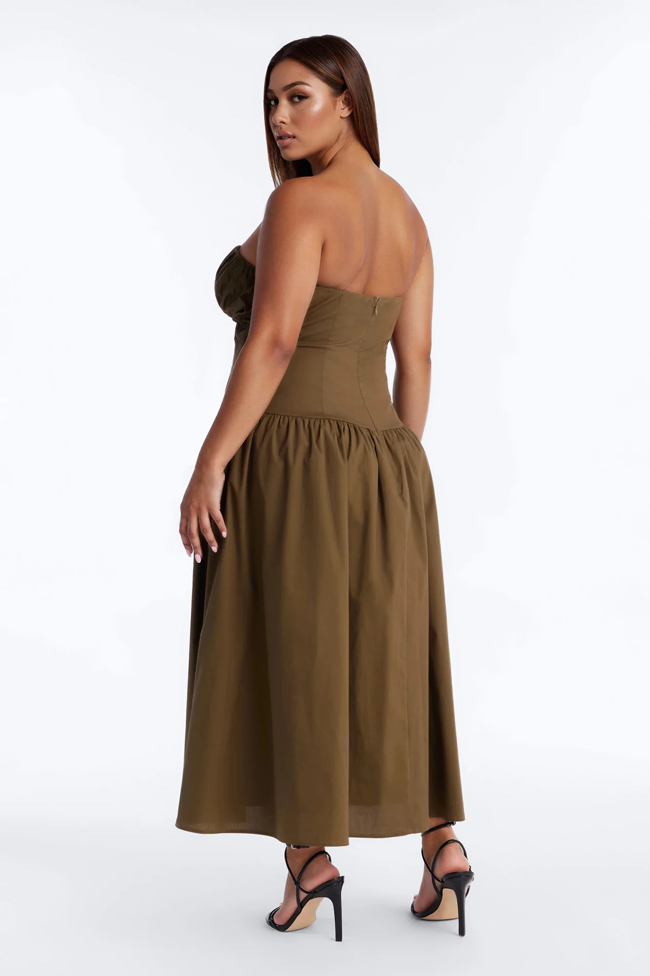Jana Strapless Pleated Midi Dress - Olive - Image 7