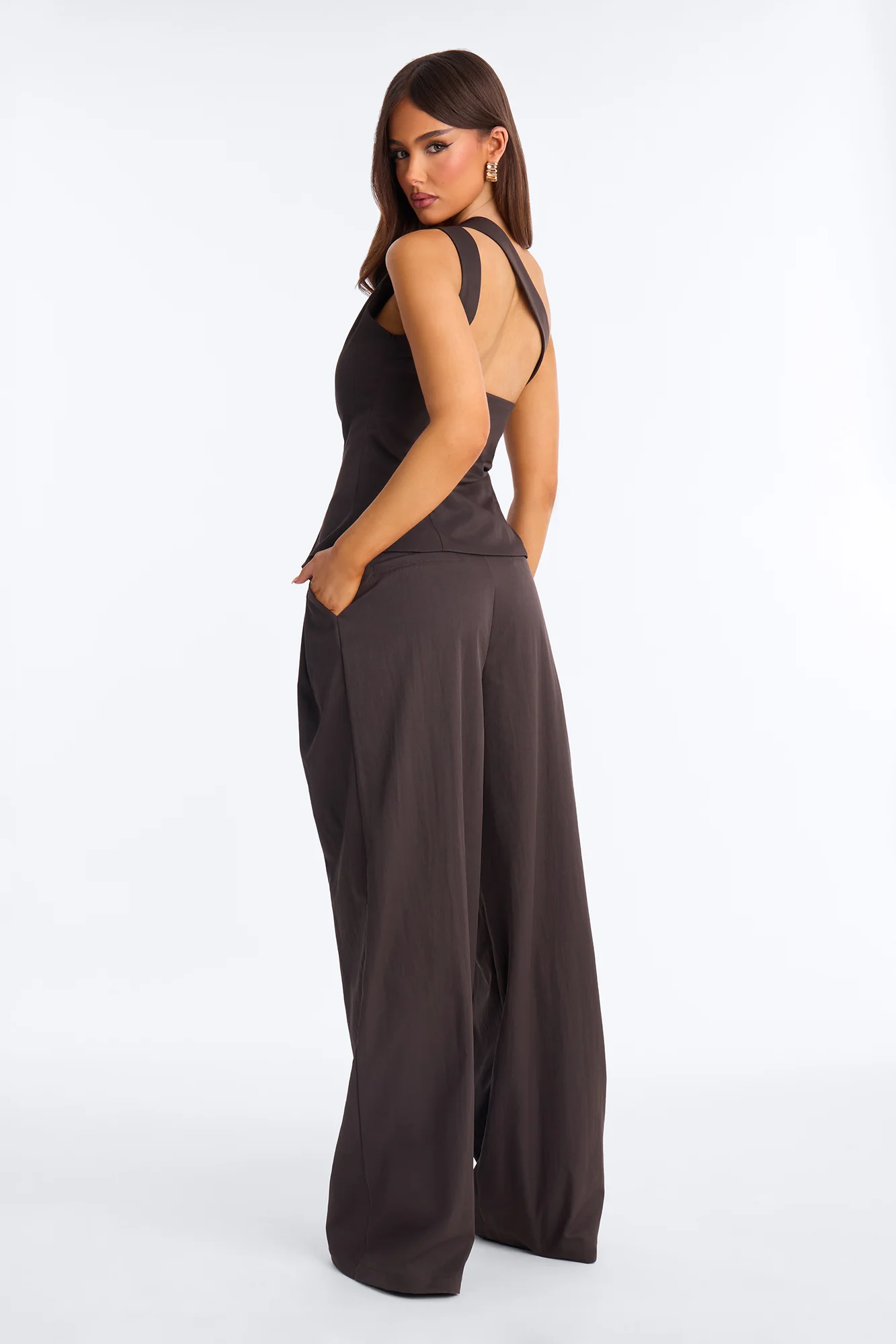 Janet One Shoulder Vest Pant Set - Chocolate - Image 4