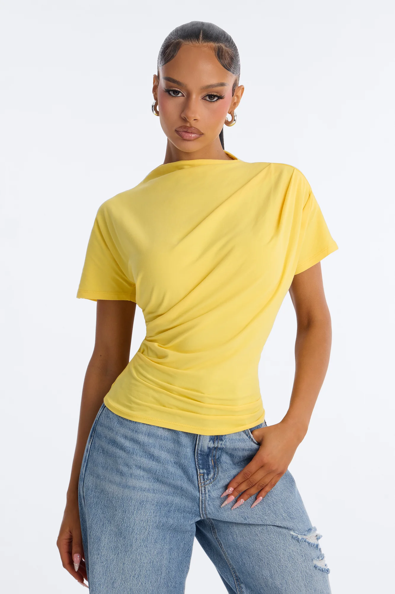 Janice Ruched Mock Neck Short Sleeve Tee - Butter Yellow