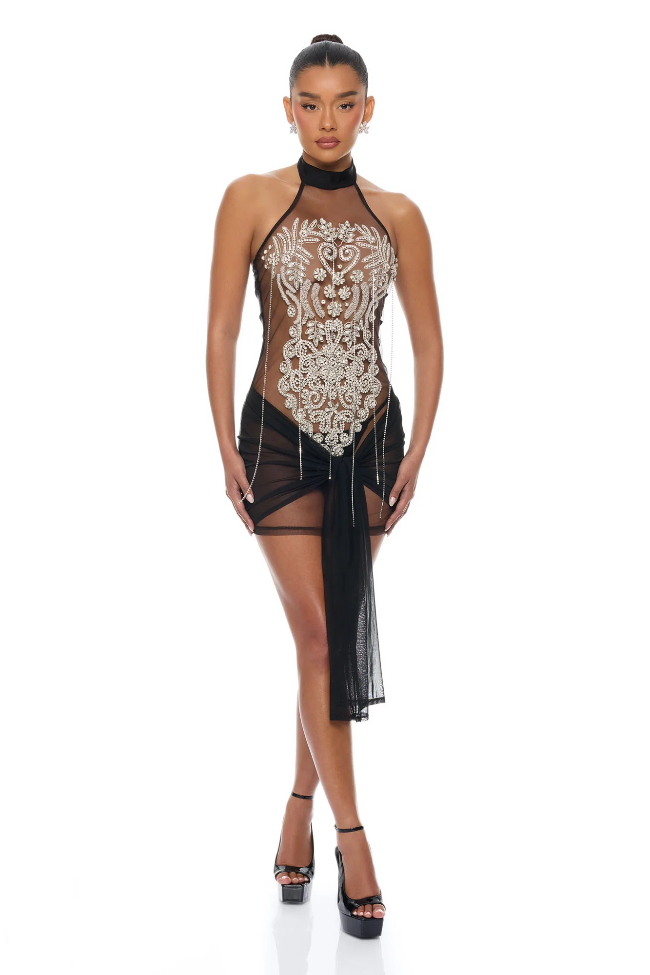 Jaw Dropped Rhinestone Mini Dress - Black