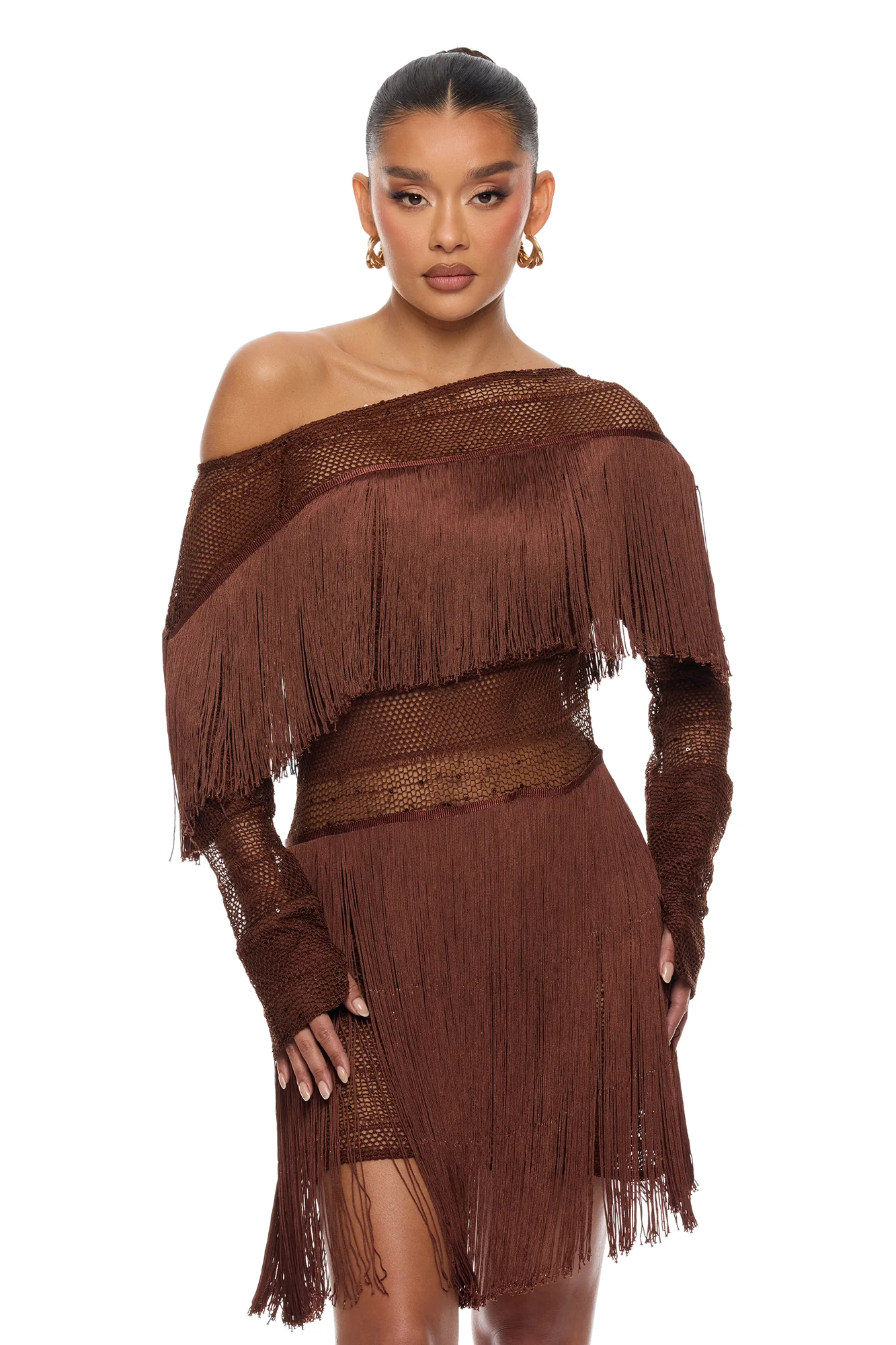 Jayde Fringe Mini Dress - Brown - Image 2
