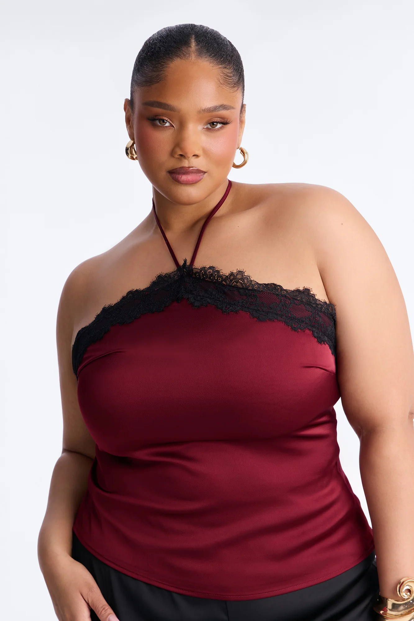 Jayde Satin Lace Detail Halter Top - DarkRed - Image 5