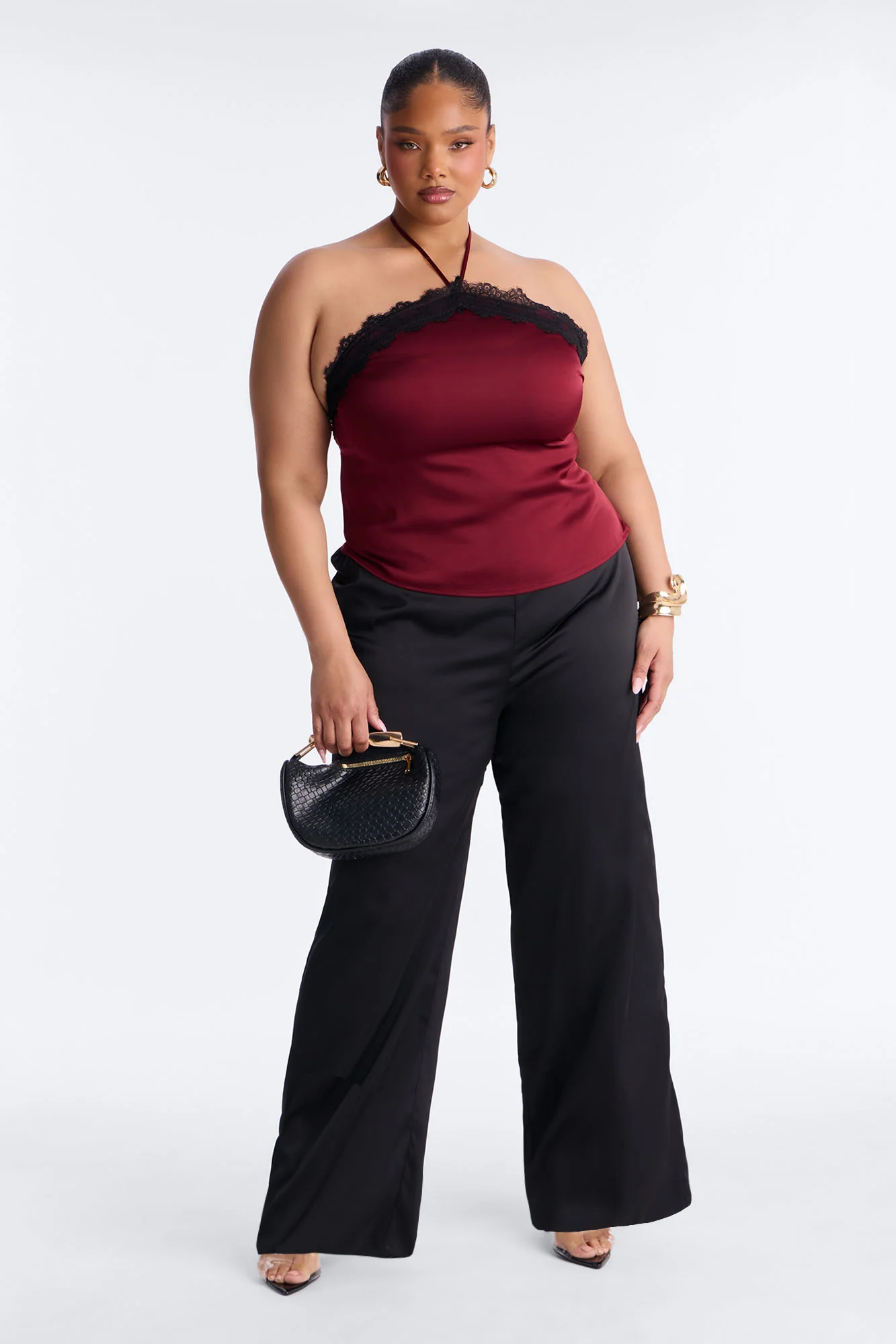 Jayde Satin Lace Detail Halter Top - DarkRed - Image 6