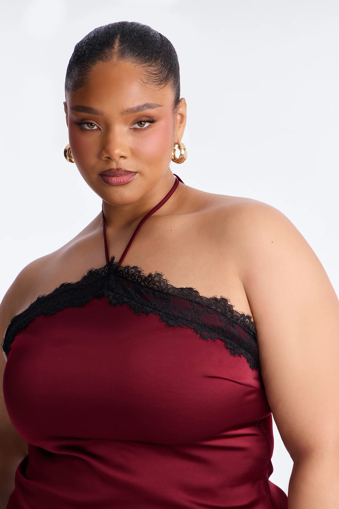 Jayde Satin Lace Detail Halter Top - DarkRed - Image 7