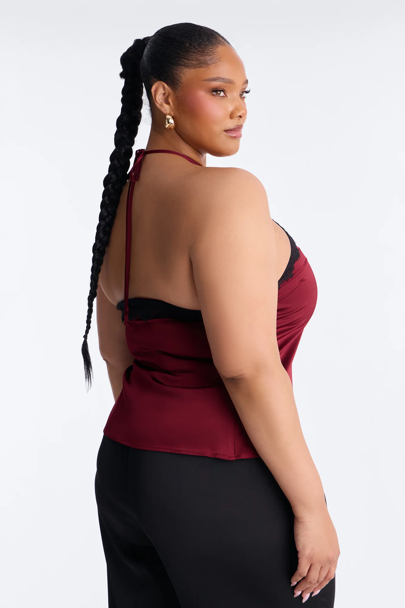 Jayde Satin Lace Detail Halter Top - DarkRed - Image 8