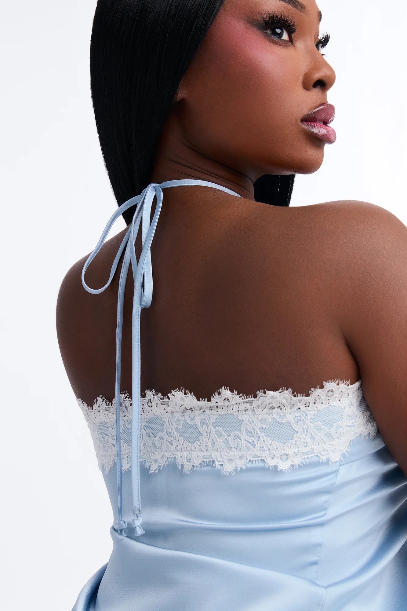 Jayde Satin Lace Detail Halter Top - Light Blue - Image 7