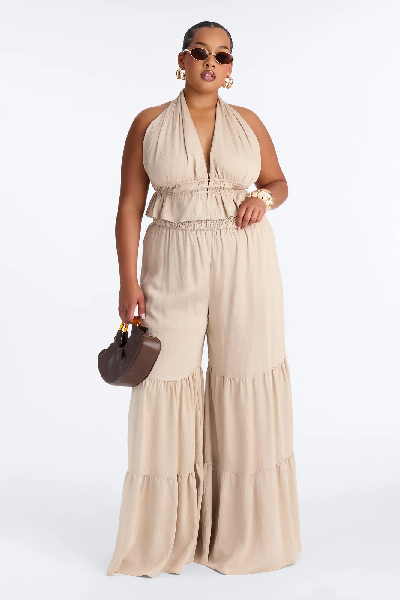 Jaysa Linen Halter Tiered Pant Set - Taupe - Image 4