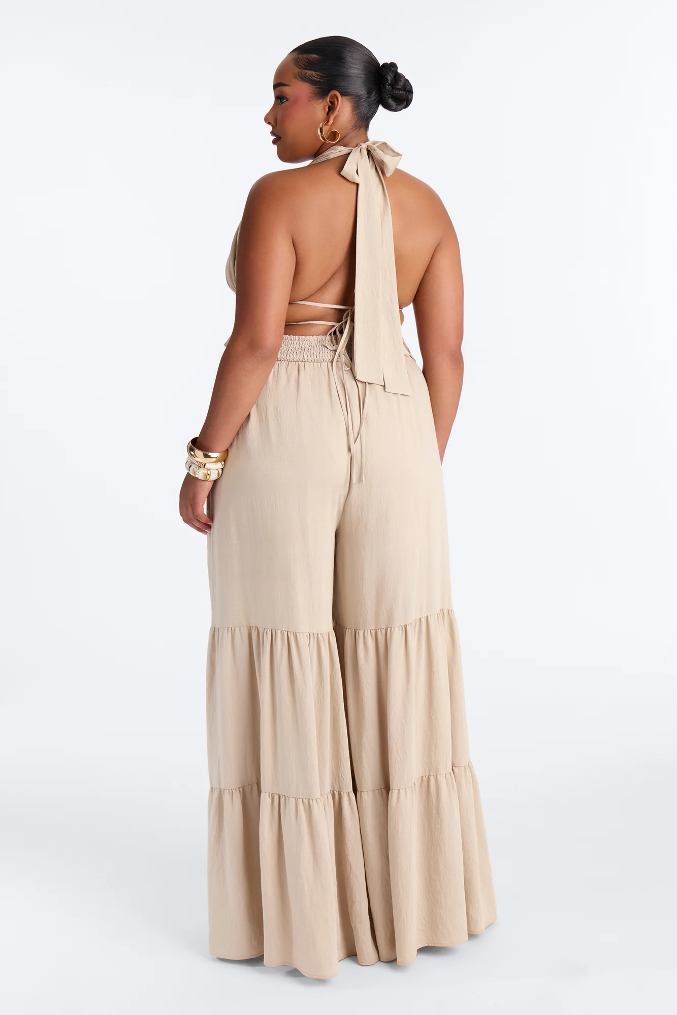 Jaysa Linen Halter Tiered Pant Set - Taupe - Image 9