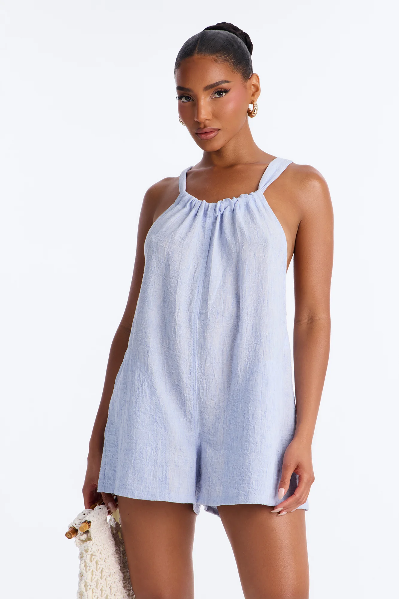 Jeanie Flowy Linen Romper - Blue