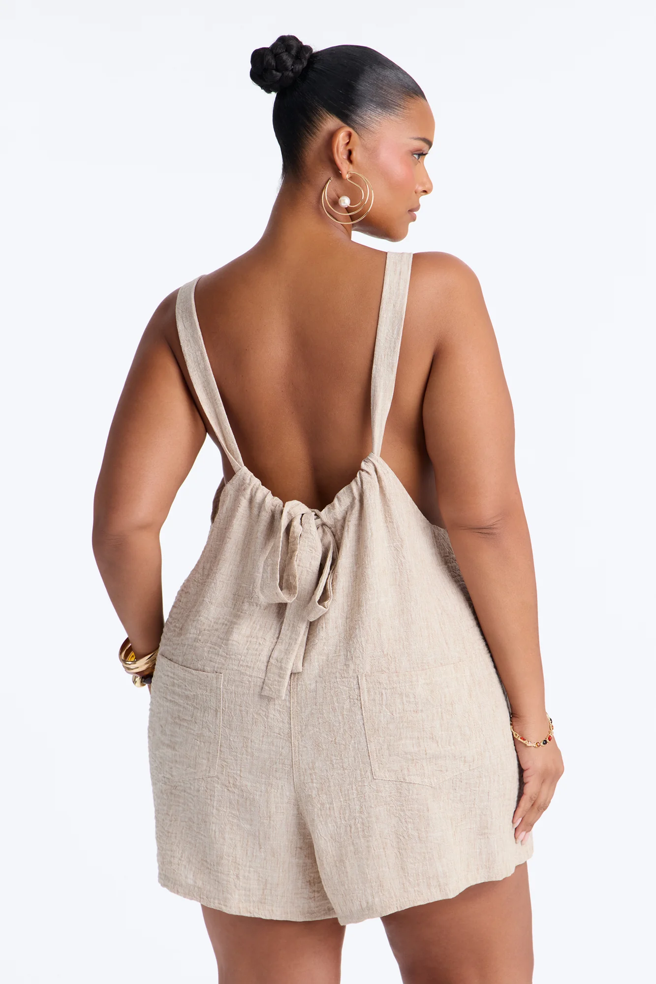 Jeanie Flowy Linen Romper - Tan - Image 5