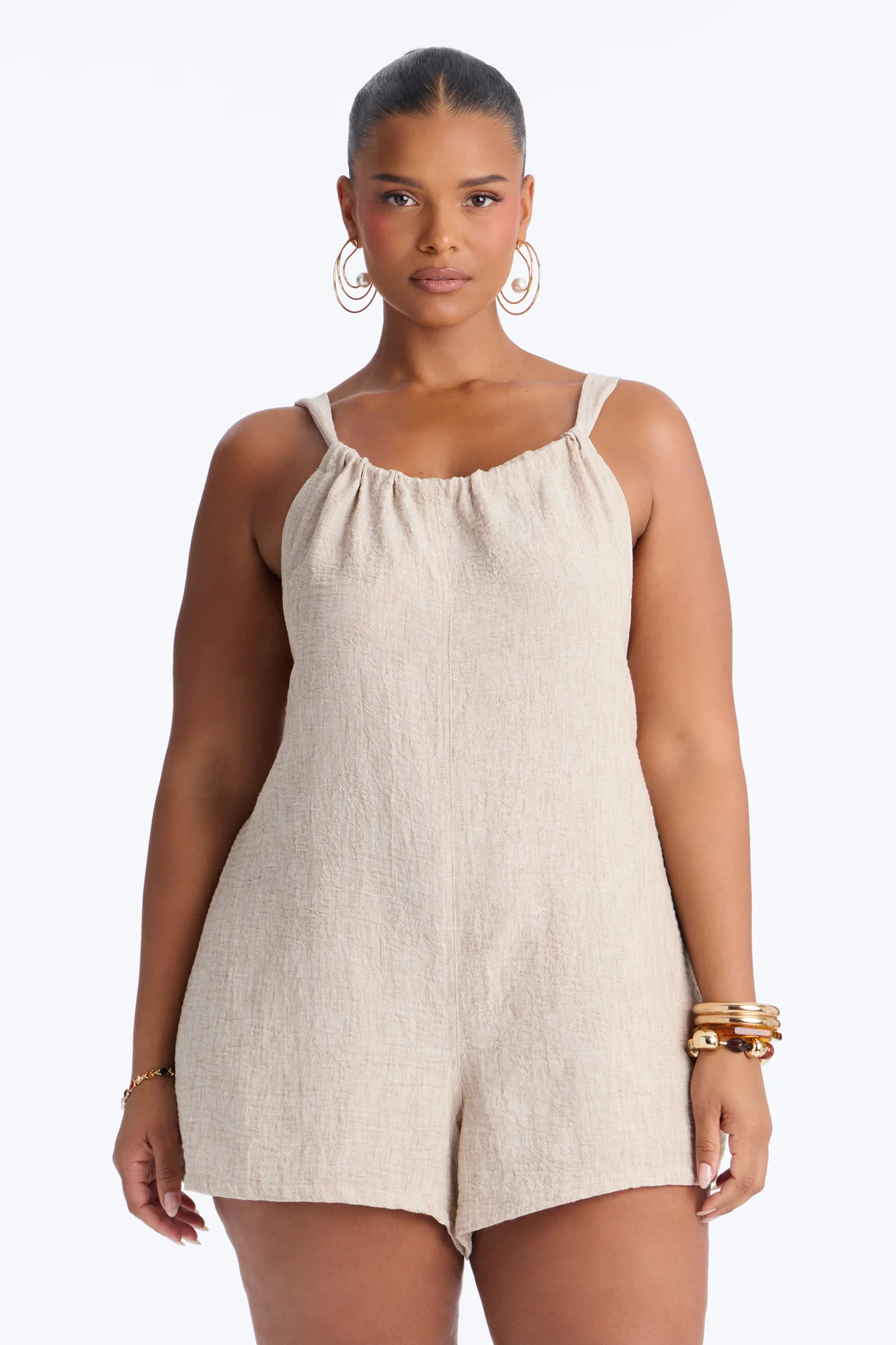Jeanie Flowy Linen Romper - Tan - Image 7